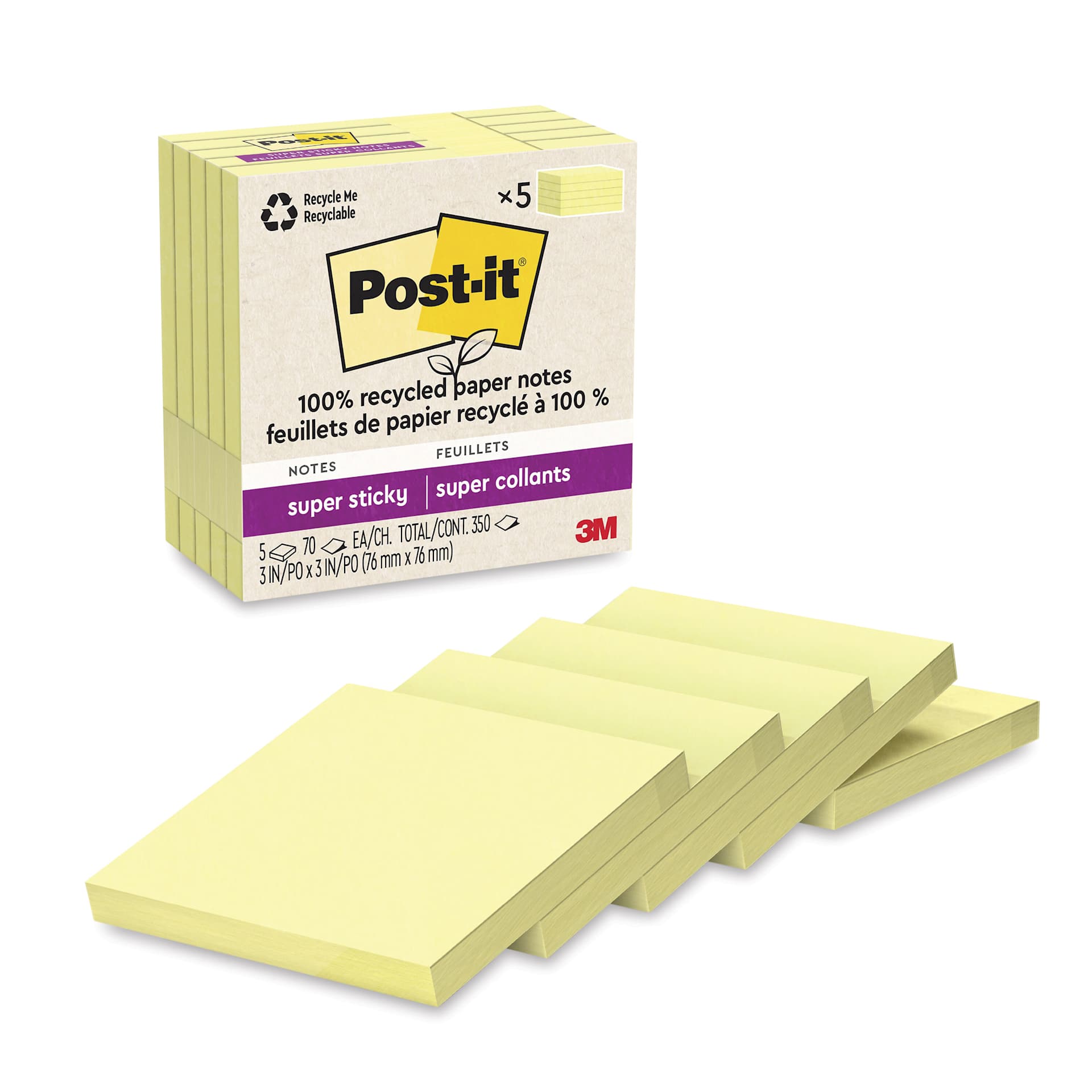 Post-it Recycled Super Sticky Notes - Canary Yellow, 3" x 3", Pkg of 5