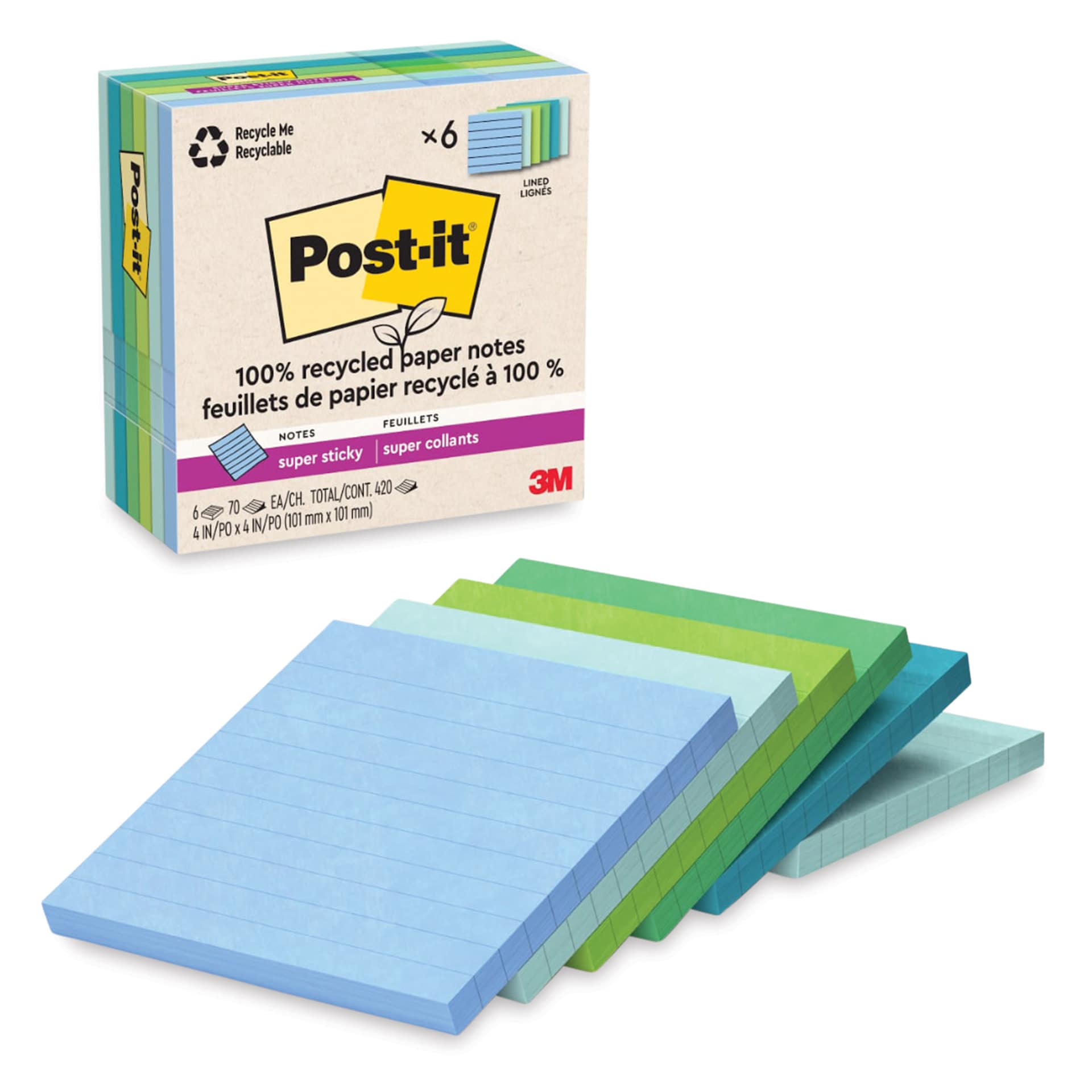 Post-it Recycled Super Sticky Notes - Oasis Collection, 4" x 4", Pkg of 6, Lined