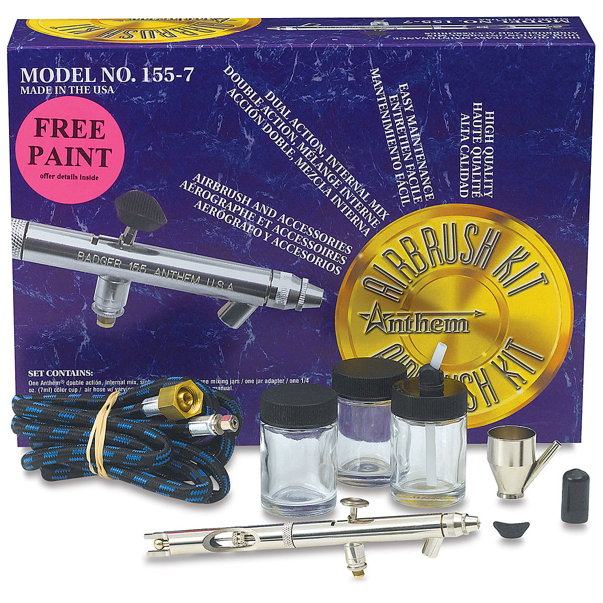 Badger Anthem 155 Double Action Airbrush - Components of Airbrush Set with 5' Air Hose with package Badger Anthem 155 Double Action Airbrush - Components of Airbrush Set with 5' Air Hose with package