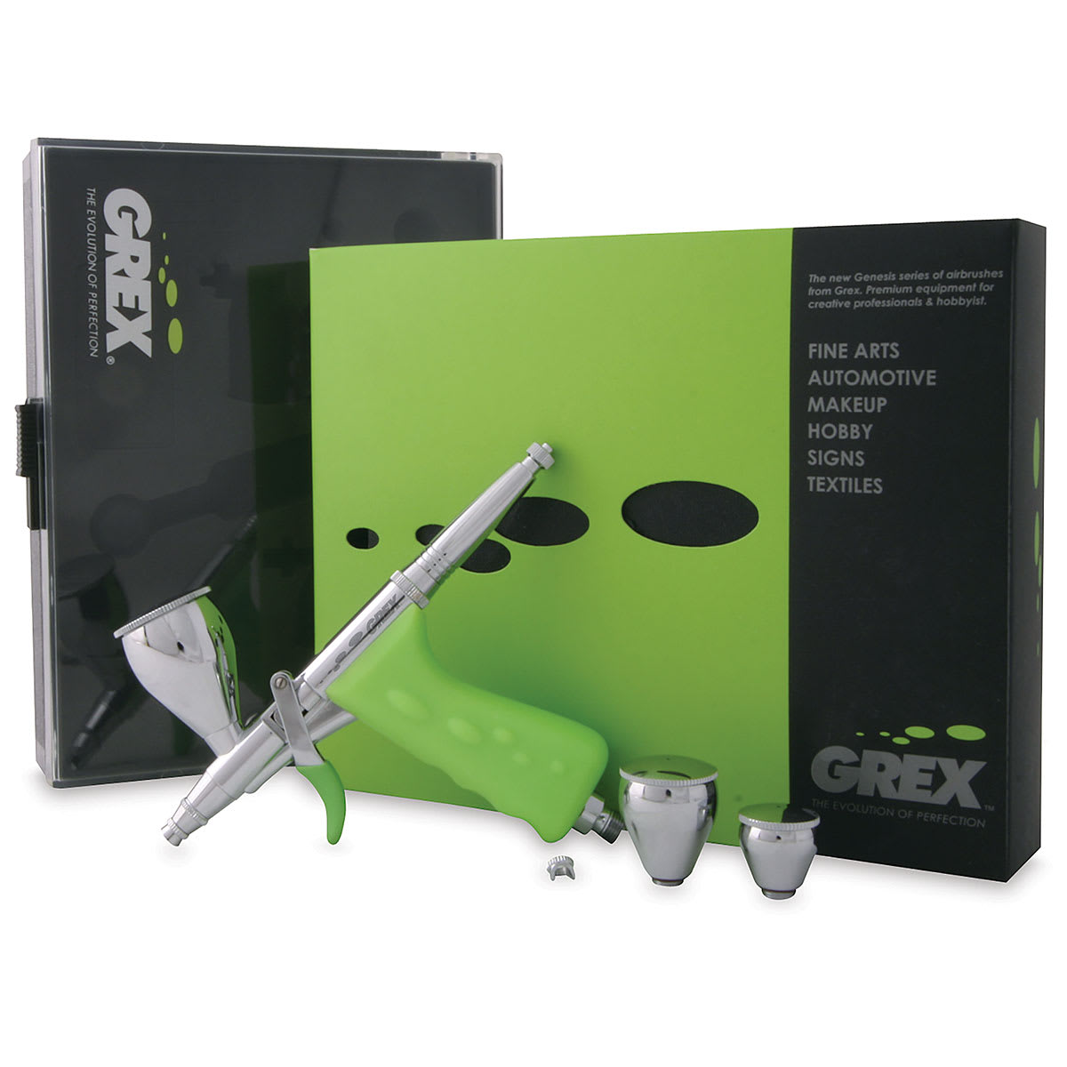Grex Tritium TG Dual Action Top Gravity Airbrush Sets - Components shown in front of package