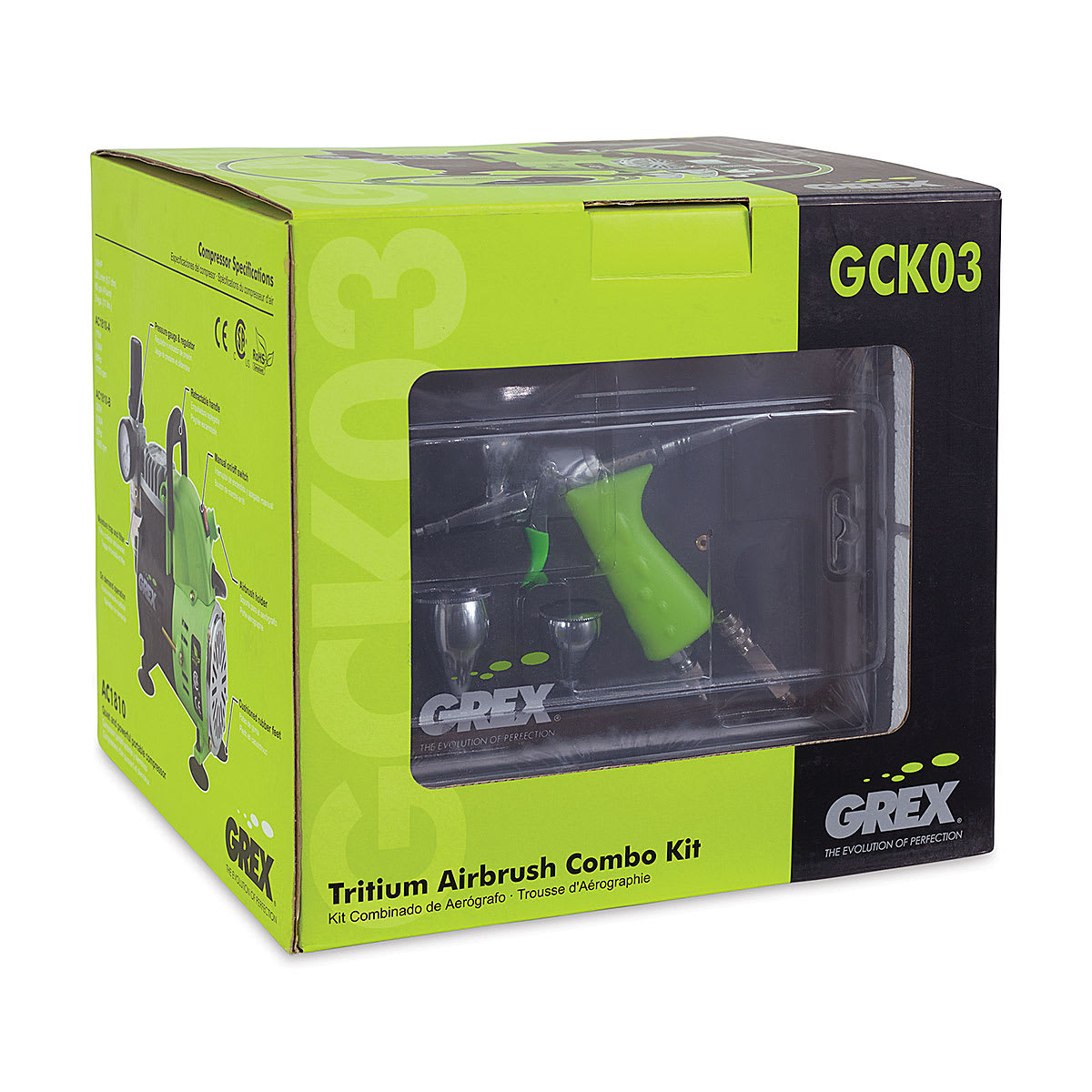 Grex Airbrush Combo Kit - Angled view of Tritium Gravity Feed Airbrush package
