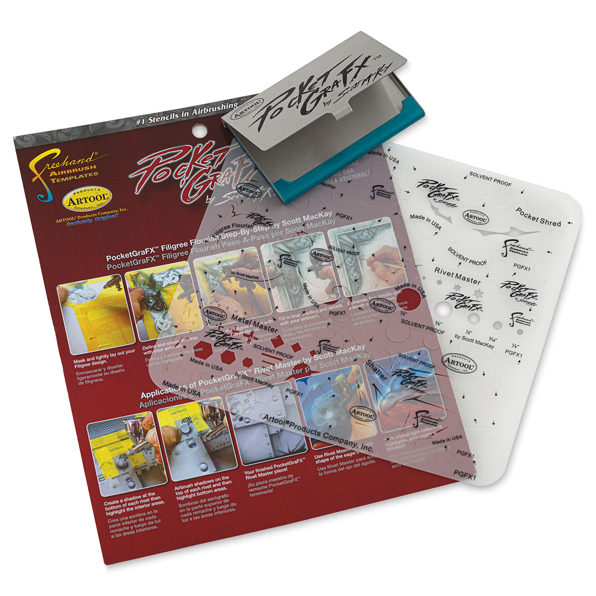 PocketGraFX Freehand Template Set - Top view of Templates, holder and package