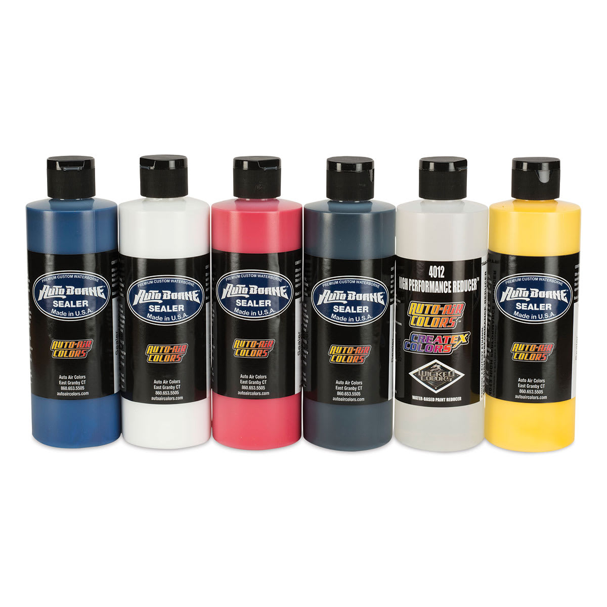 Createx Colors AutoBorne Sealers - Components of 6 8 oz. Primary Set in row