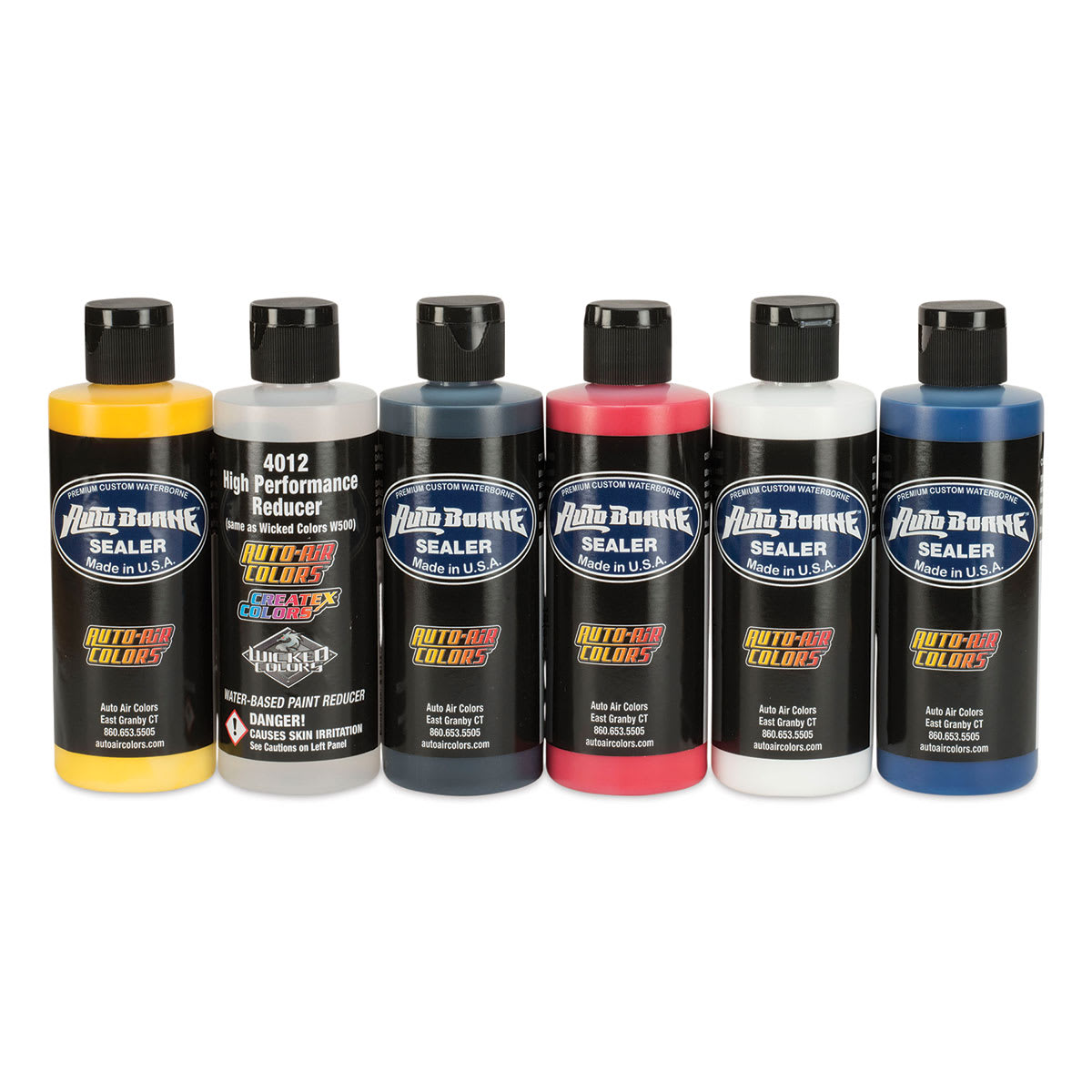 Createx Colors AutoBorne Sealers - Components of 6 4 oz. Primary Set in row
