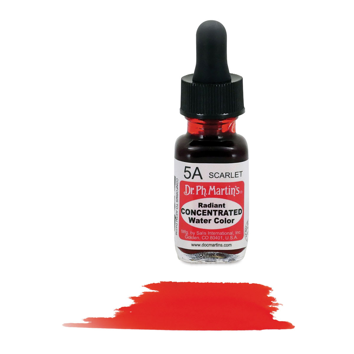 Dr. Ph. Martin's Radiant Concentrated Individual Watercolor - 1/2 oz, Scarlet - with color sample in front of bottle Dr. Ph. Martin's Radiant Concentrated Individual Watercolor - 1/2 oz, Scarlet - with color sample in front of bottle