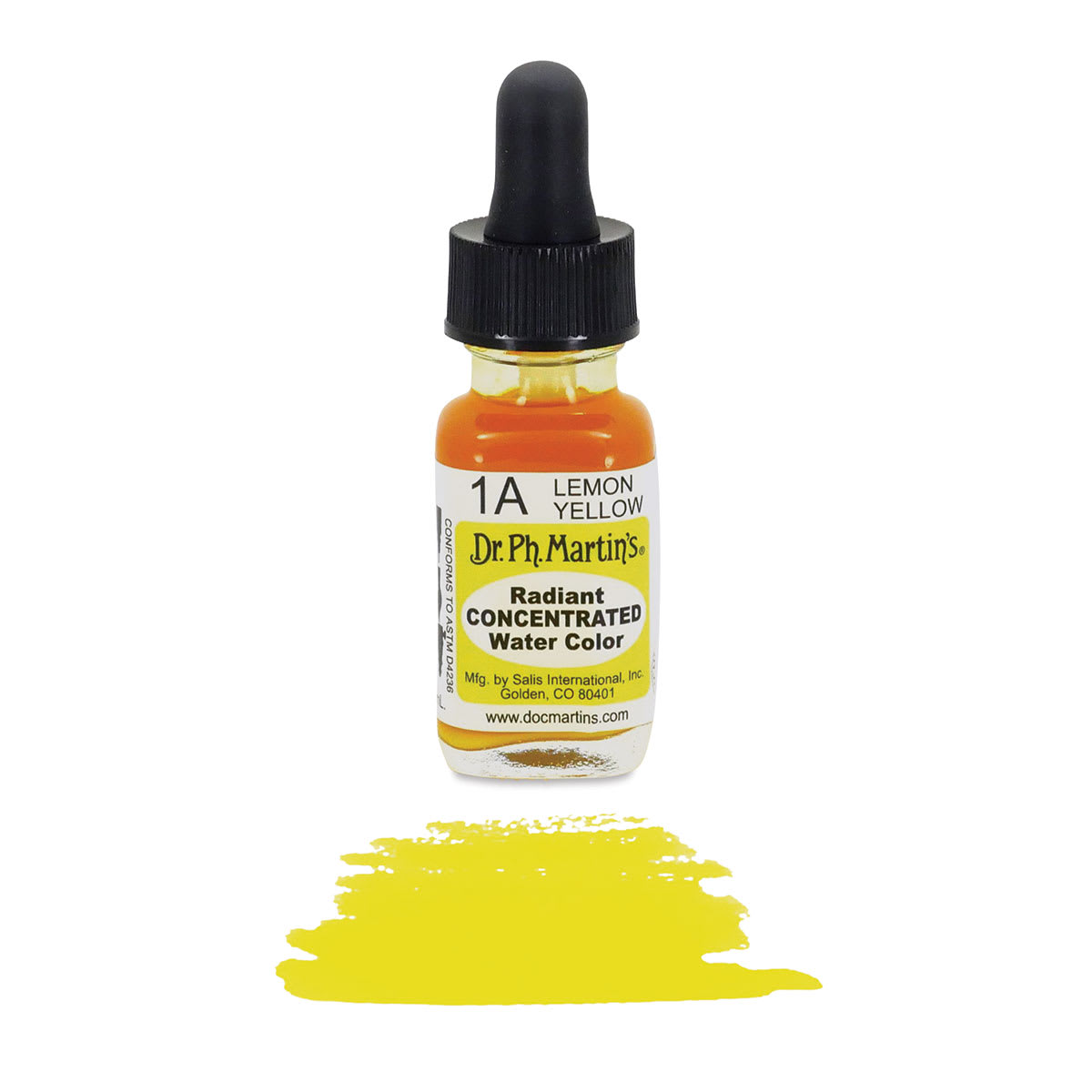 Dr. Ph. Martin's Radiant Concentrated Individual Watercolor - 1/2 oz, Lemon Yellow - with color sample in front of bottle