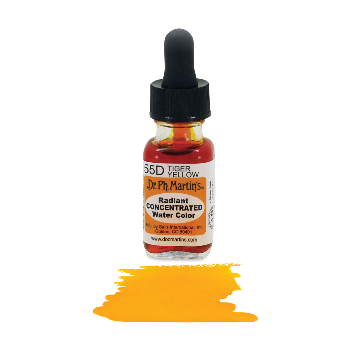 Dr. Ph. Martin's Radiant Concentrated Individual Watercolor - 1/2 oz, Tiger Yellow - color sample in front of bottle