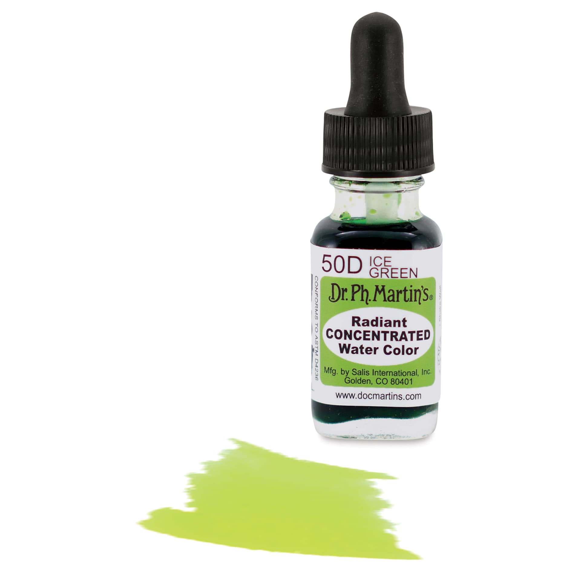Dr. Ph. Martin's Radiant Concentrated Individual Watercolor - 1/2 oz, Ice Green, color swatch and bottle