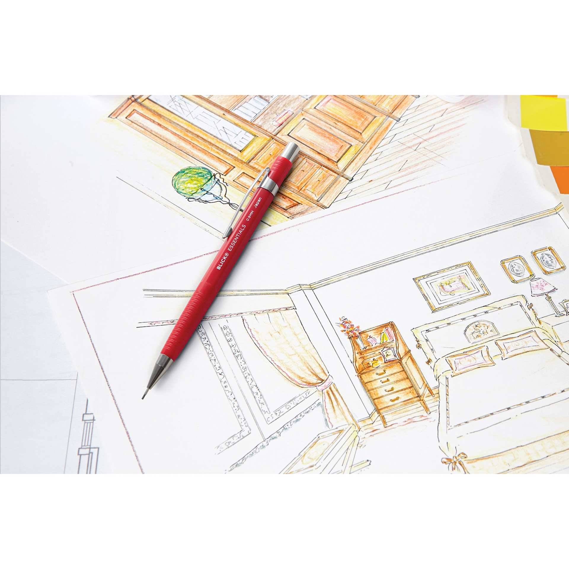 Blick Essentials Mechanical Pencil - Red, 0.9 mm (pencil laying on a drawing of a room)