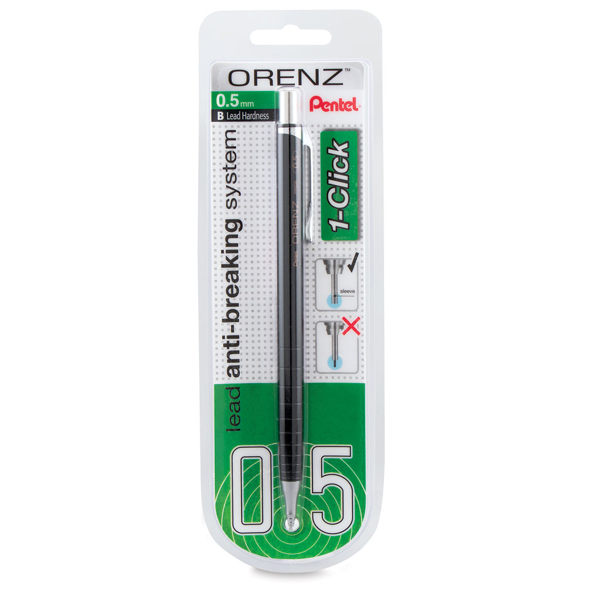 Pentel Orenz 1-Click Mechanical Pencil - Black, 0.5mm (front of package)