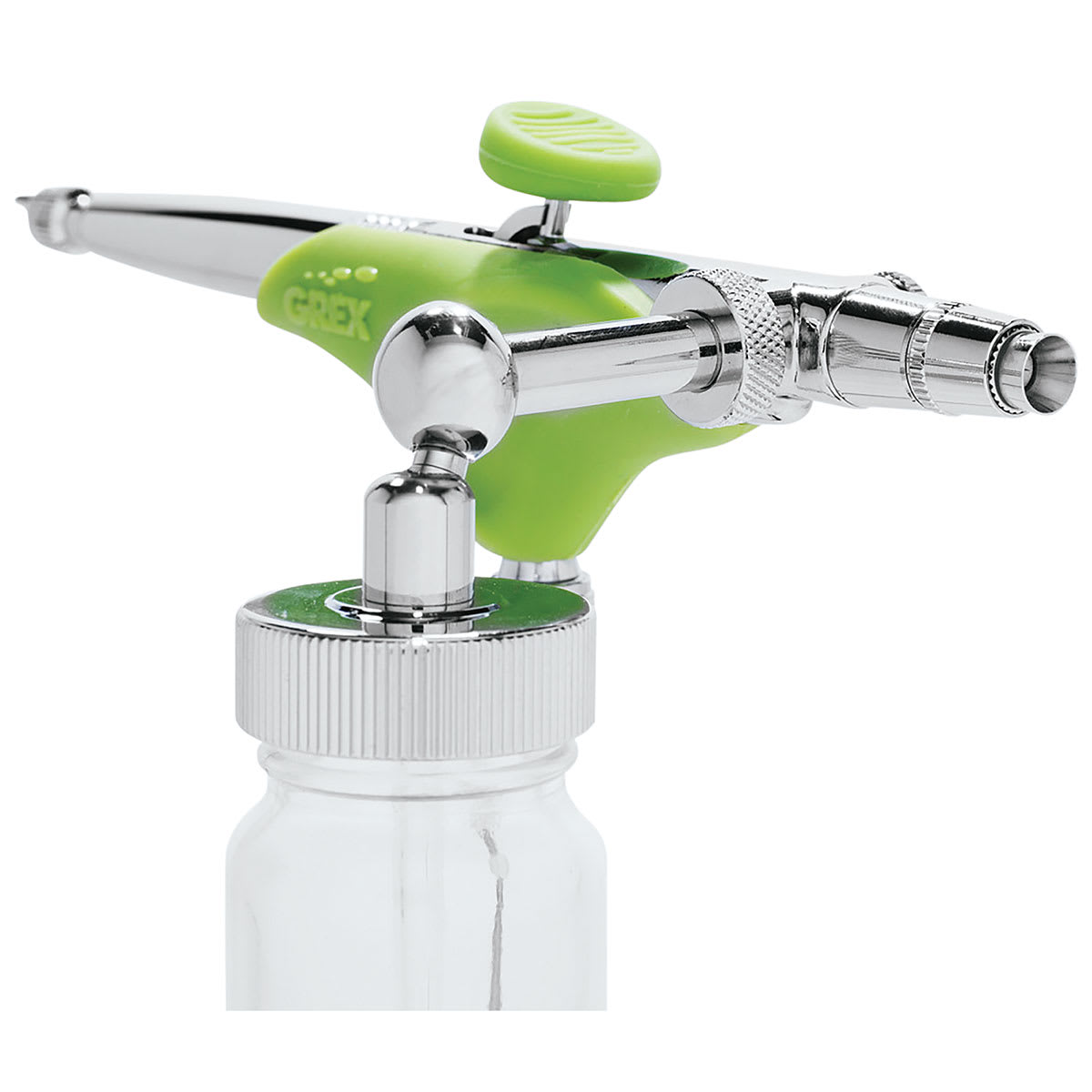 Grex Genesis Ergonomic Airbrushes - Closeup of Siphon Bottle attached to Side Feed Airbrush