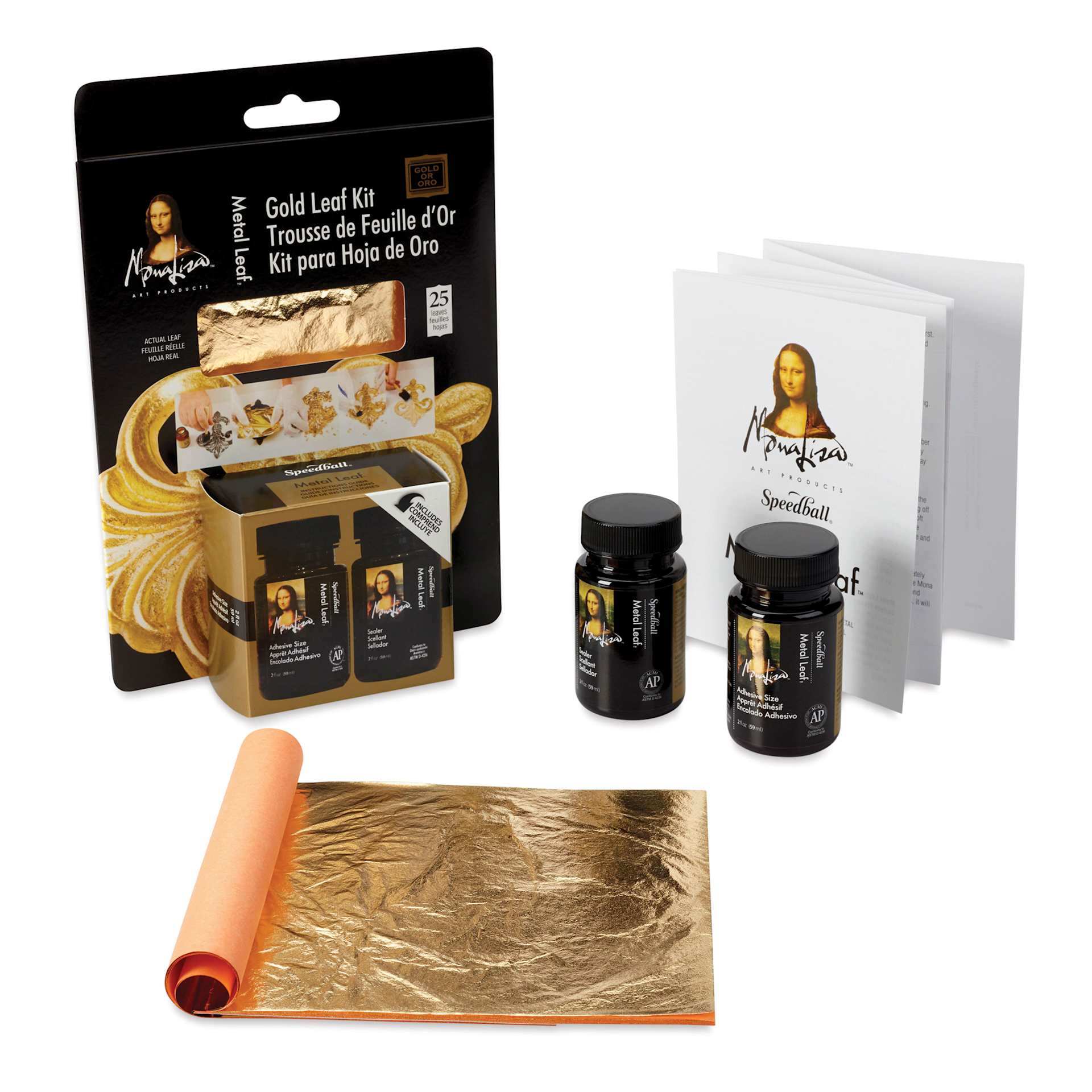 Mona Lisa Composition Gold Leaf Kit packaging with contents Mona Lisa Composition Gold Leaf Kit packaging with contents