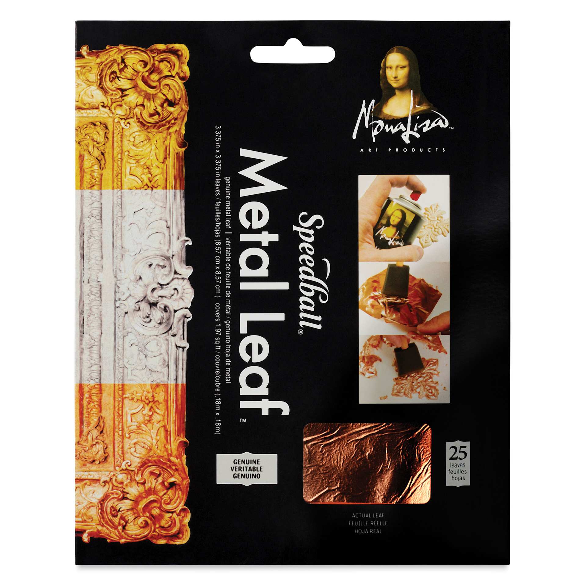 Mona Lisa Genuine Copper Leaf - 3.375" x 3.375", 25 Sheets front of packaging Mona Lisa Genuine Copper Leaf - 3.375" x 3.375", 25 Sheets front of packaging