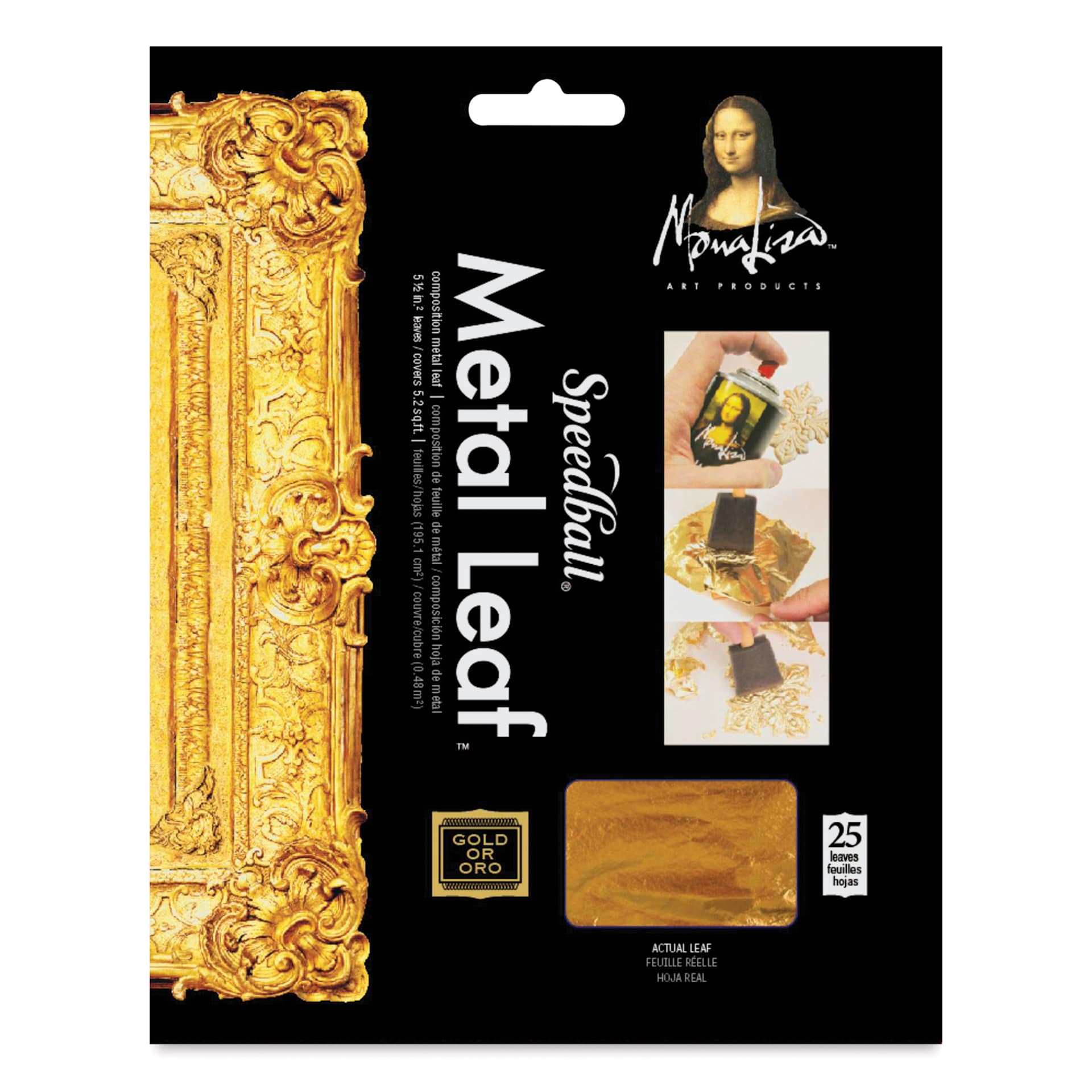 Mona Lisa Composition Gold Metal Leaf - 5.5" x 5.5", 25 Sheets front of packaging Mona Lisa Composition Gold Metal Leaf - 5.5" x 5.5", 25 Sheets front of packaging