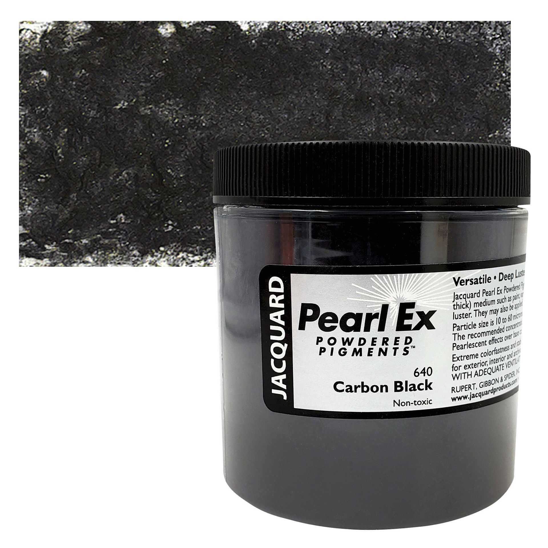 Jacquard Pearl-Ex Pigment - 4 oz, Carbon Black, Jar and swatch
