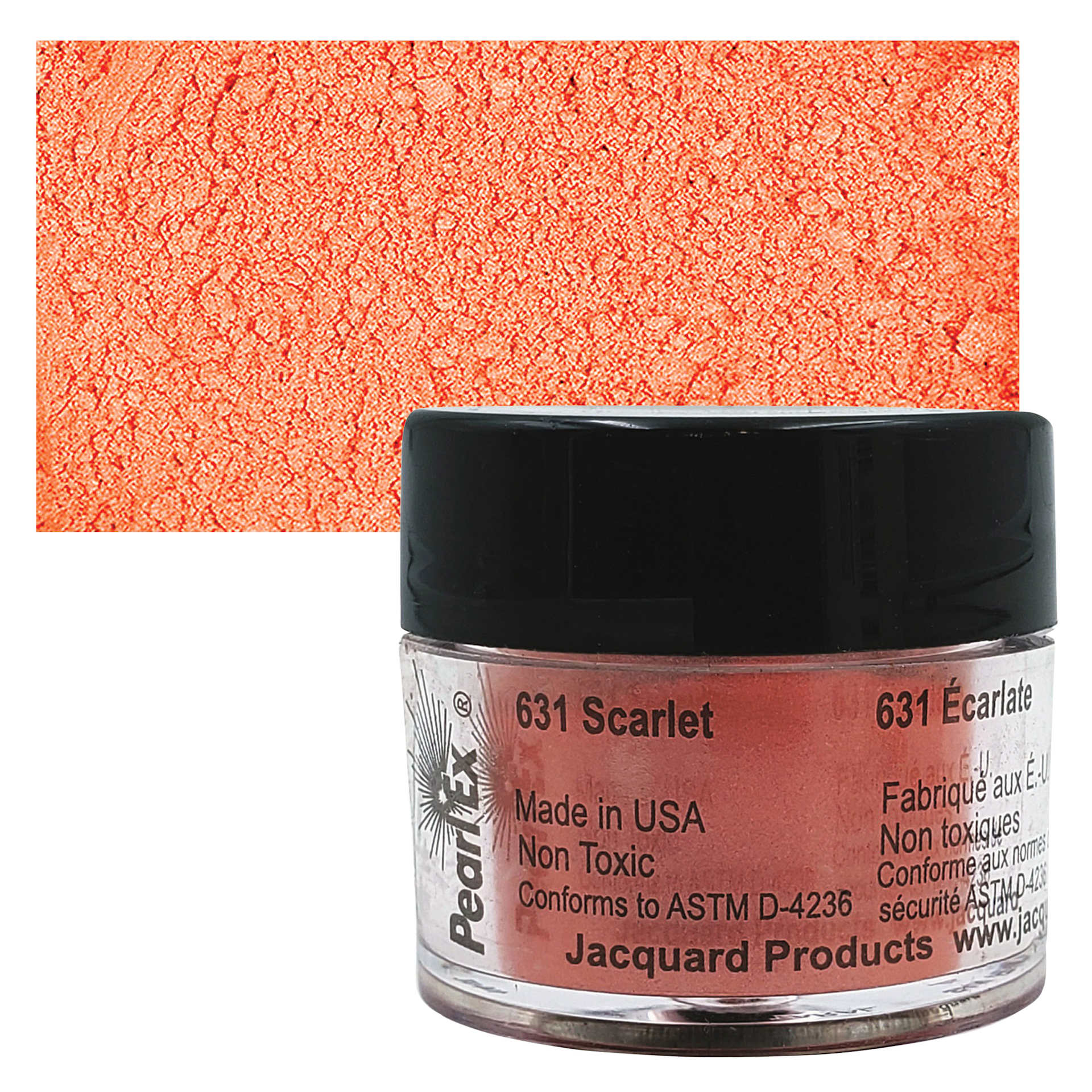 Jacquard Pearl-Ex Pigment - 0.1 oz, Scarlet jar and swatch