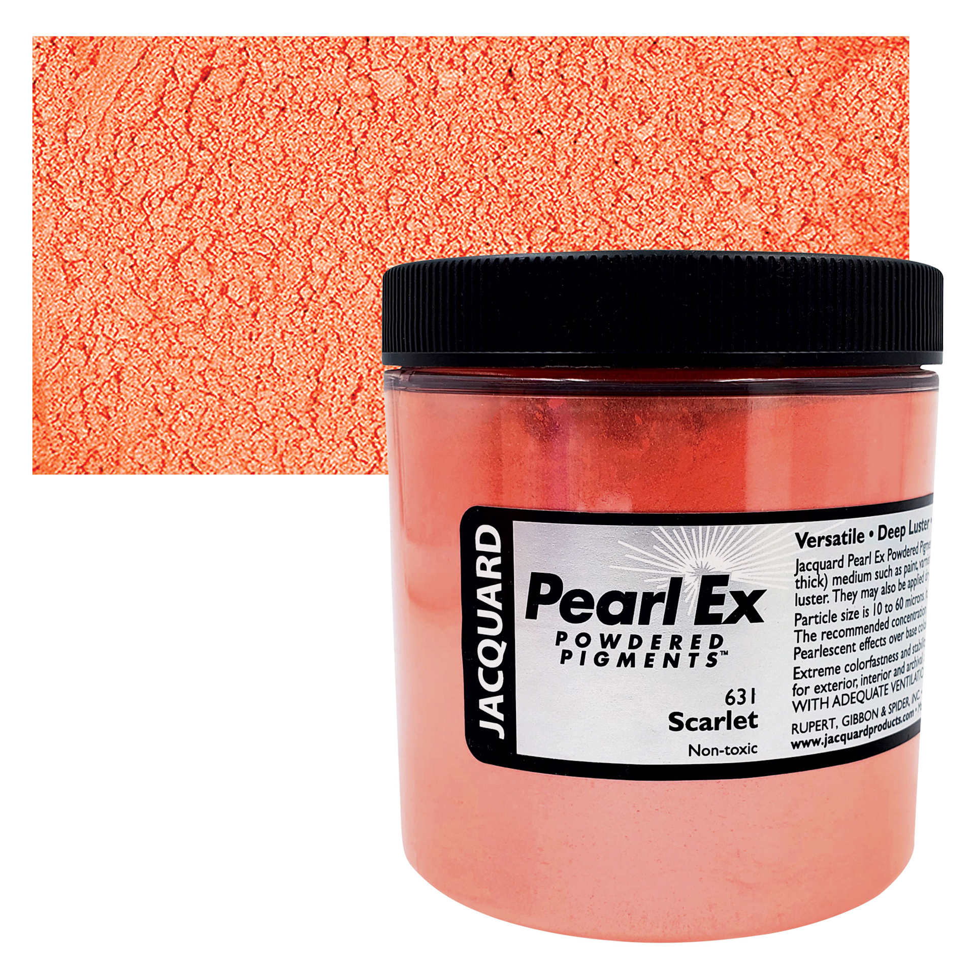 Jacquard Pearl-Ex Pigment - 4 oz, Scarlet, Jar and swatch