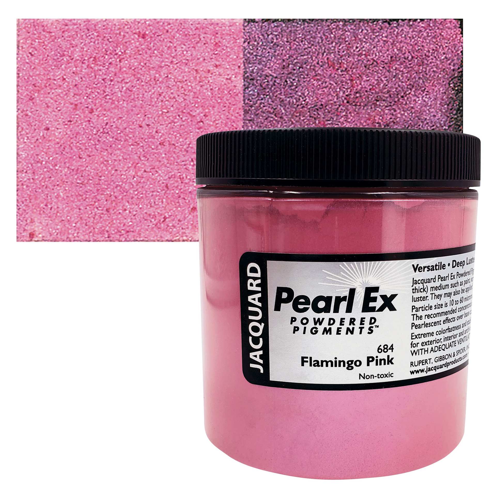 Jacquard Pearl-Ex Pigment - 4 oz, Flamingo Pink, Jar and swatch