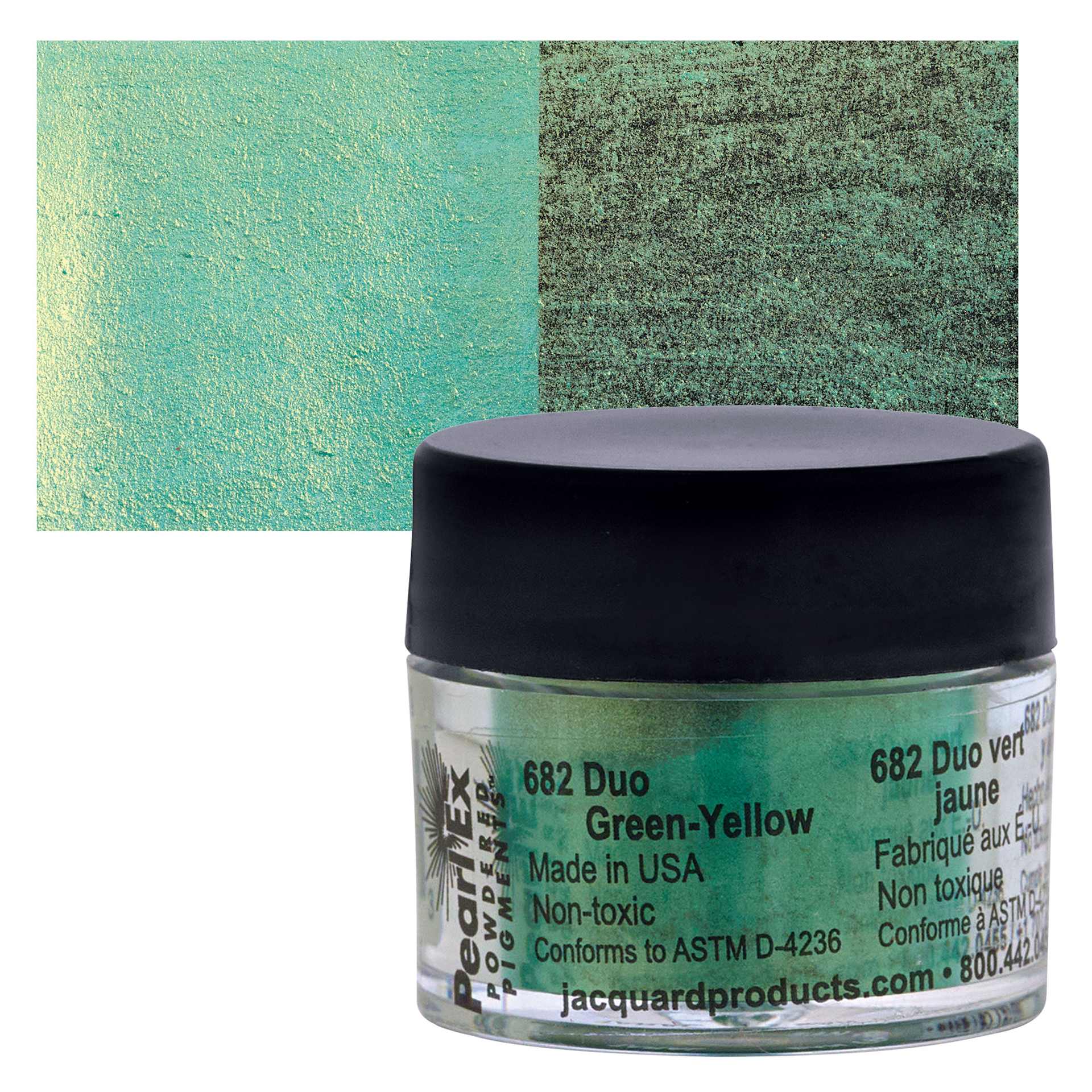 Jacquard Pearl-Ex Pigment - Duo Green-Yellow, 0.1 oz, Jar and swatch