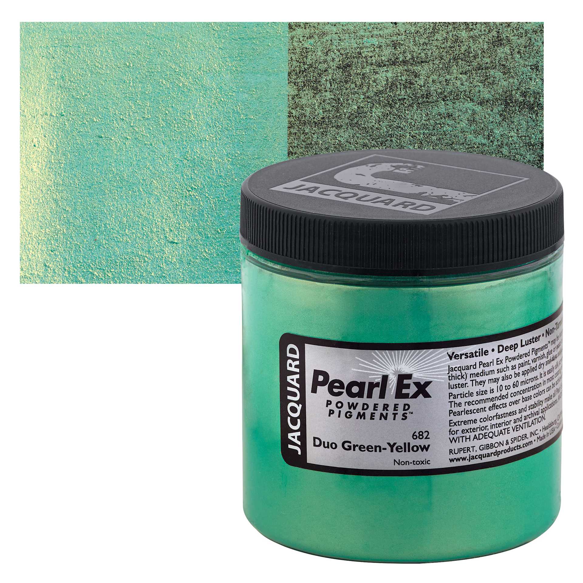Jacquard Pearl-Ex Pigment - Duo Green-Yellow, 4 oz, Jar and swatch