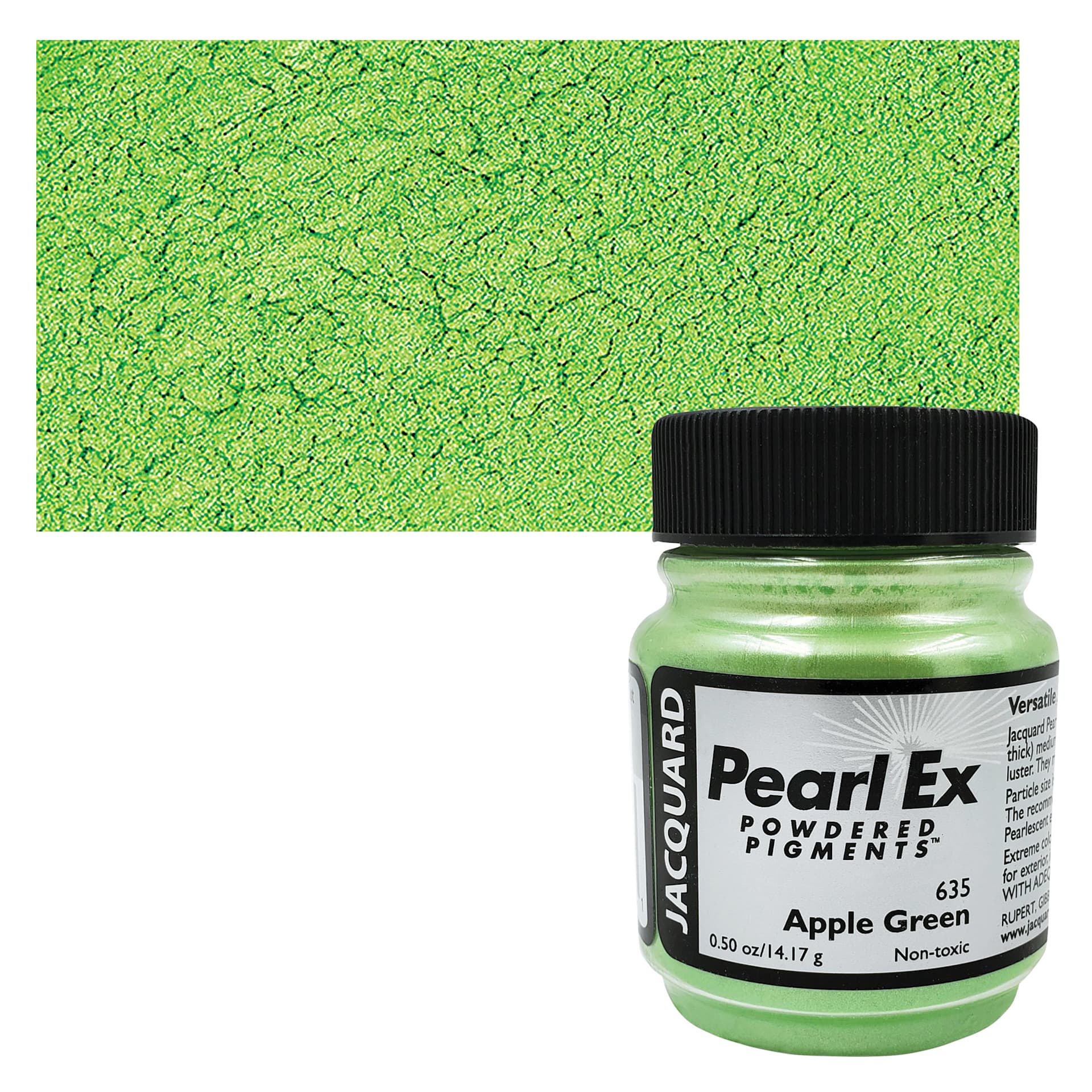 Jacquard Pearl-Ex Pigment - 0.5 oz, Apple Green jar and swatch