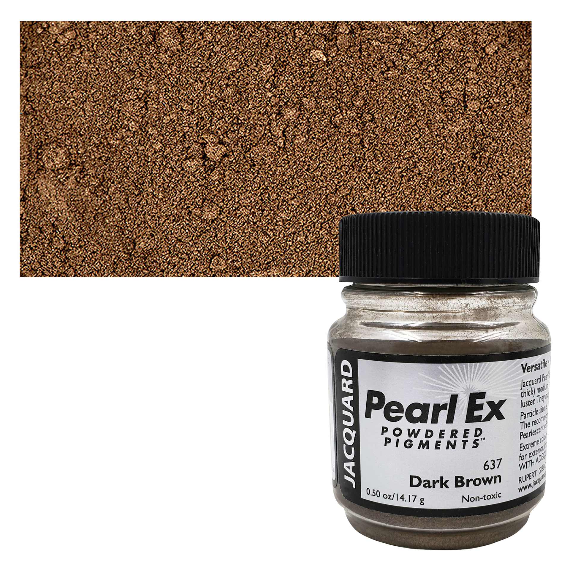 Jacquard Pearl-Ex Pigment - 0.5 oz, Dark Brown jar and swatch