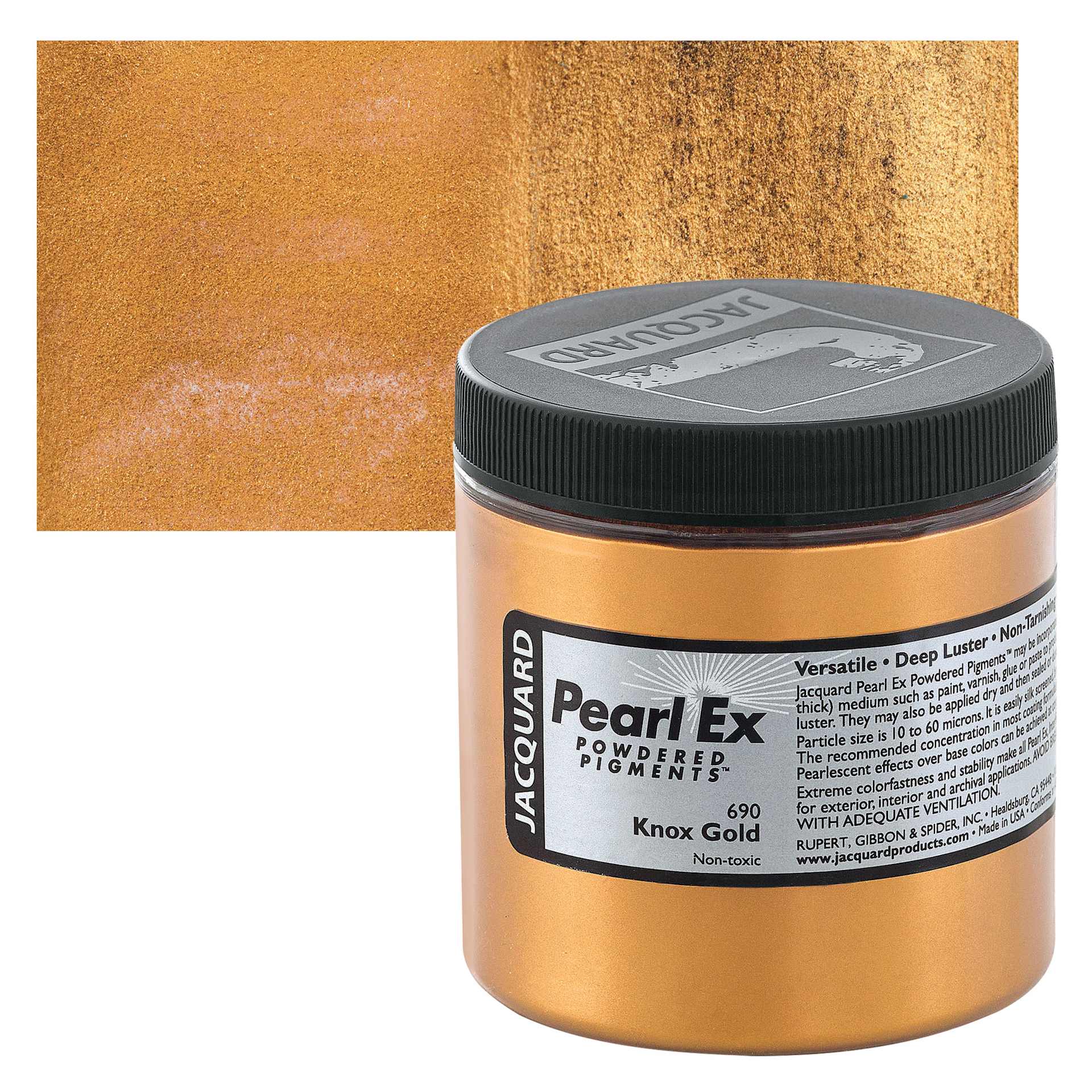 Jacquard Pearl-Ex Pigment - Knox Gold, 4 oz, Jar and swatch