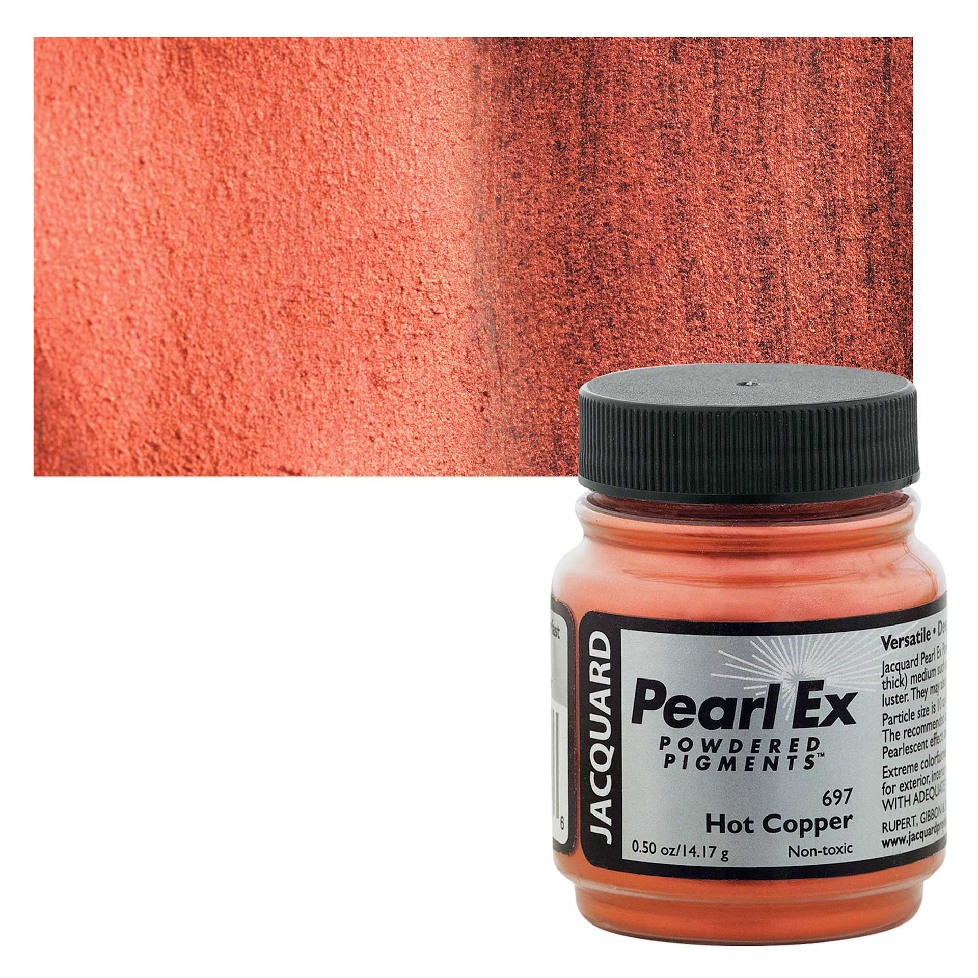 Jacquard Pearl-Ex Pigment - Hot Copper, 0.5 oz, Jar and swatch