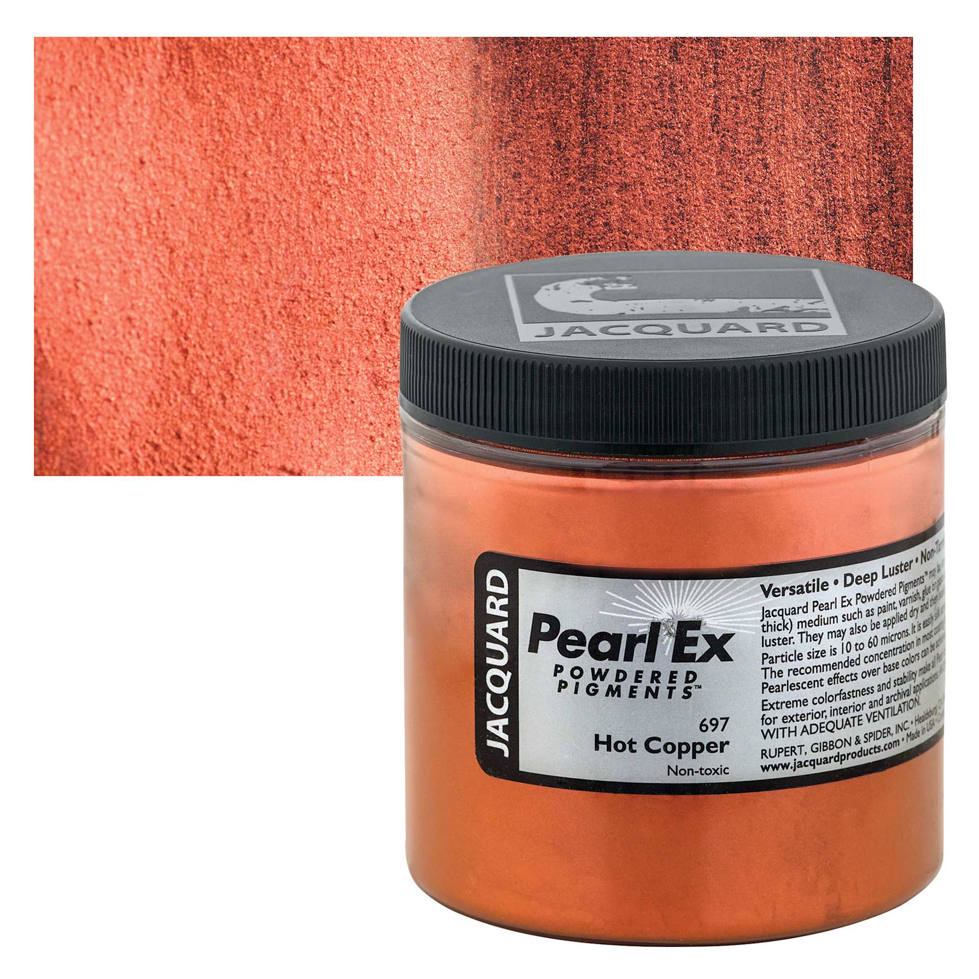 Jacquard Pearl-Ex Pigment - Hot Copper, 4 oz, Jar and swatch