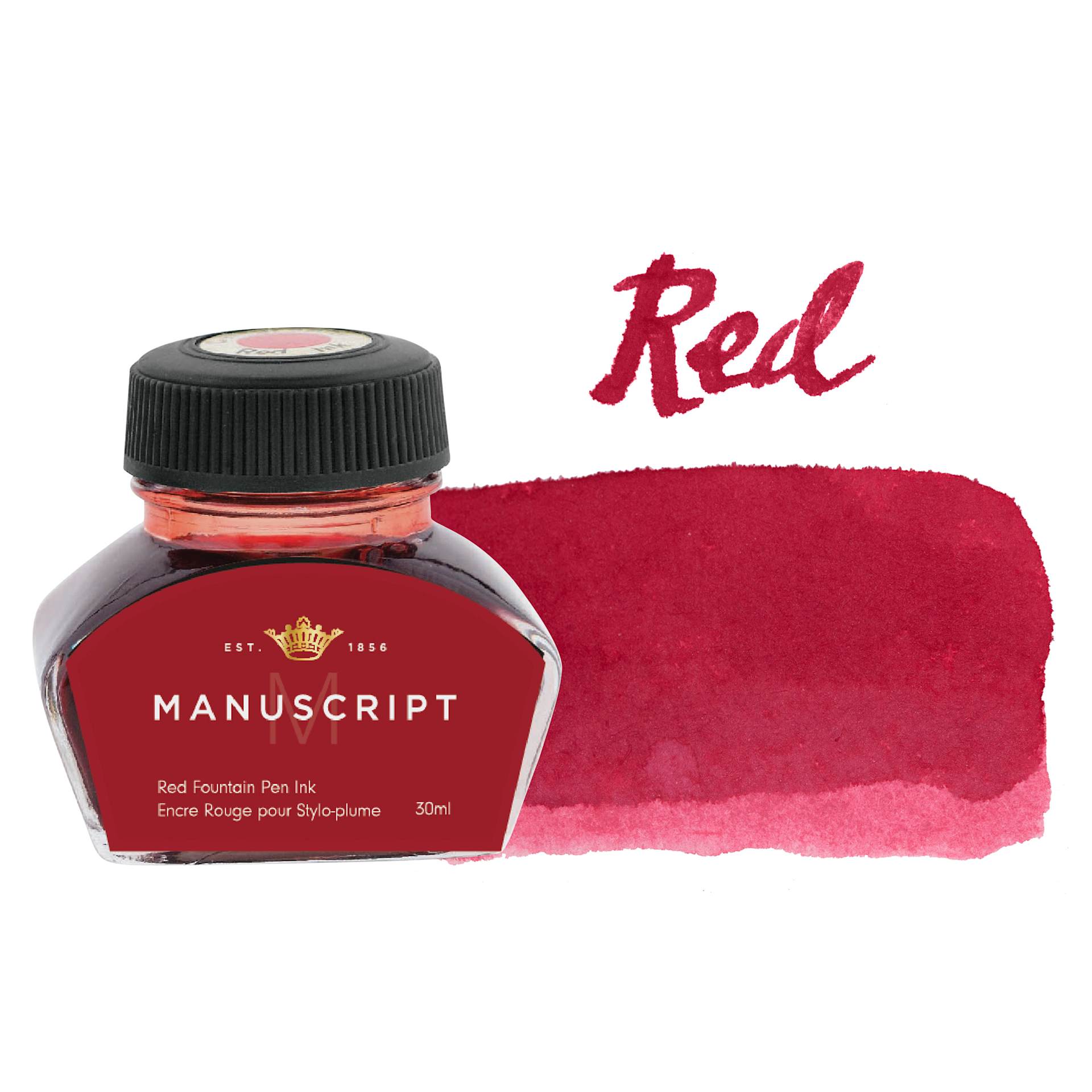 Manuscript Fountain Pen Ink - Red, 30 ml bottle and swatch