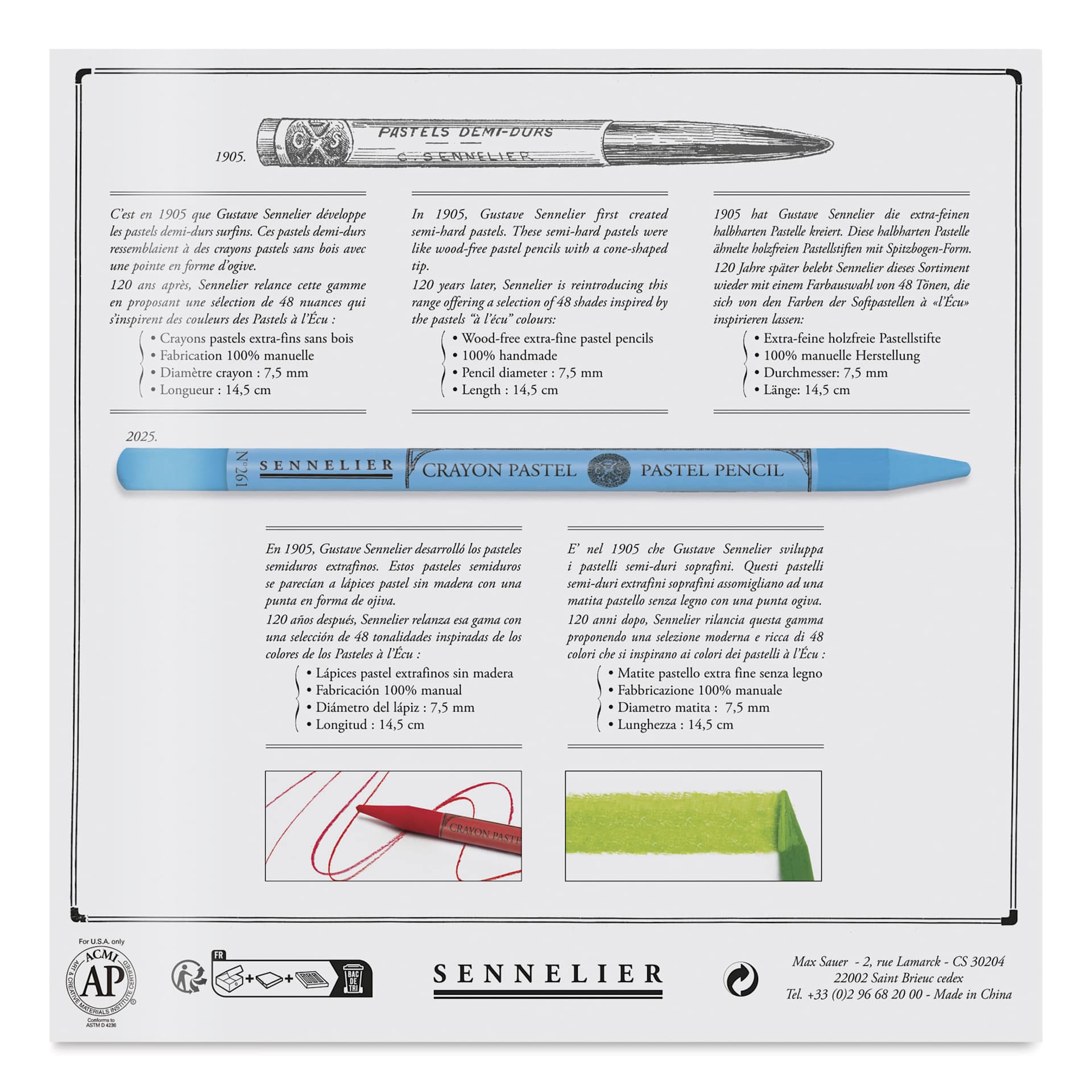 Sennelier Woodless Pastel Pencils - Set of 48, Assorted, back of packaging