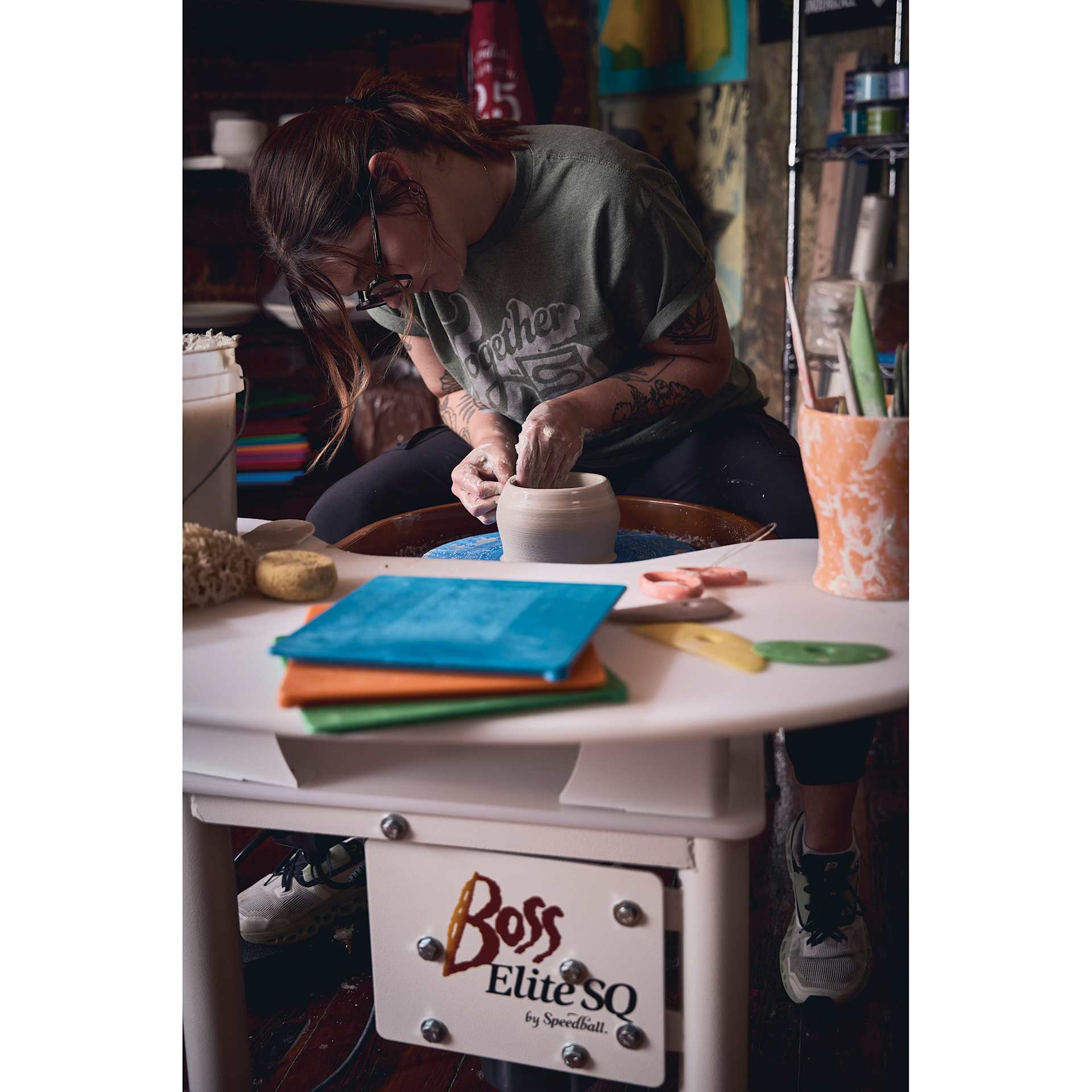 Speedball Boss Elite Potter’s Wheel being used to create a clay vessel