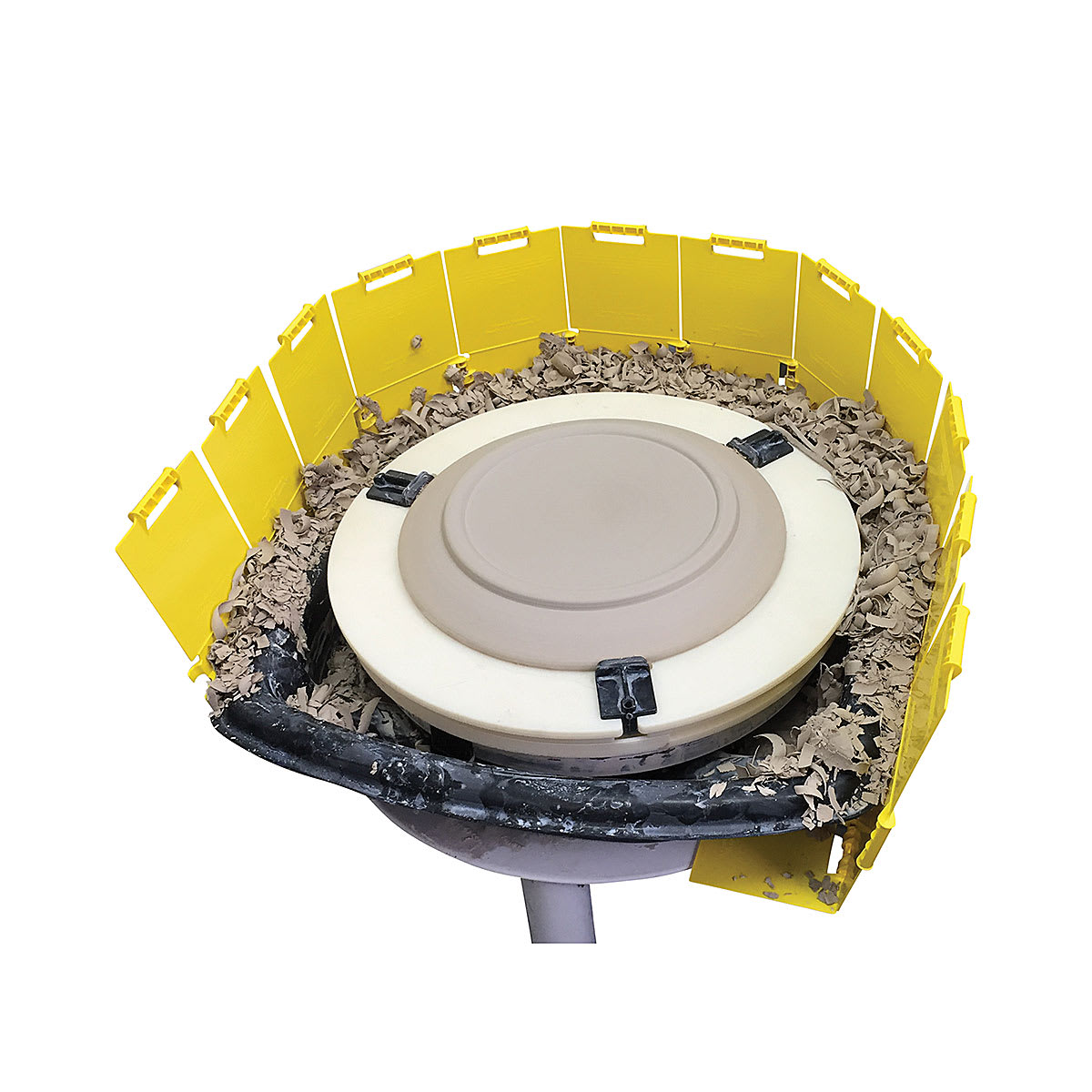 WiziWig Tools Clay Shield - Top view of shield on wheel, no splash pan