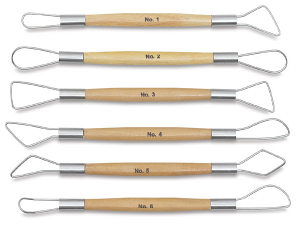 Wire End Clay Tool Set - Set of 6 showing different end shapes, laying horizontally 