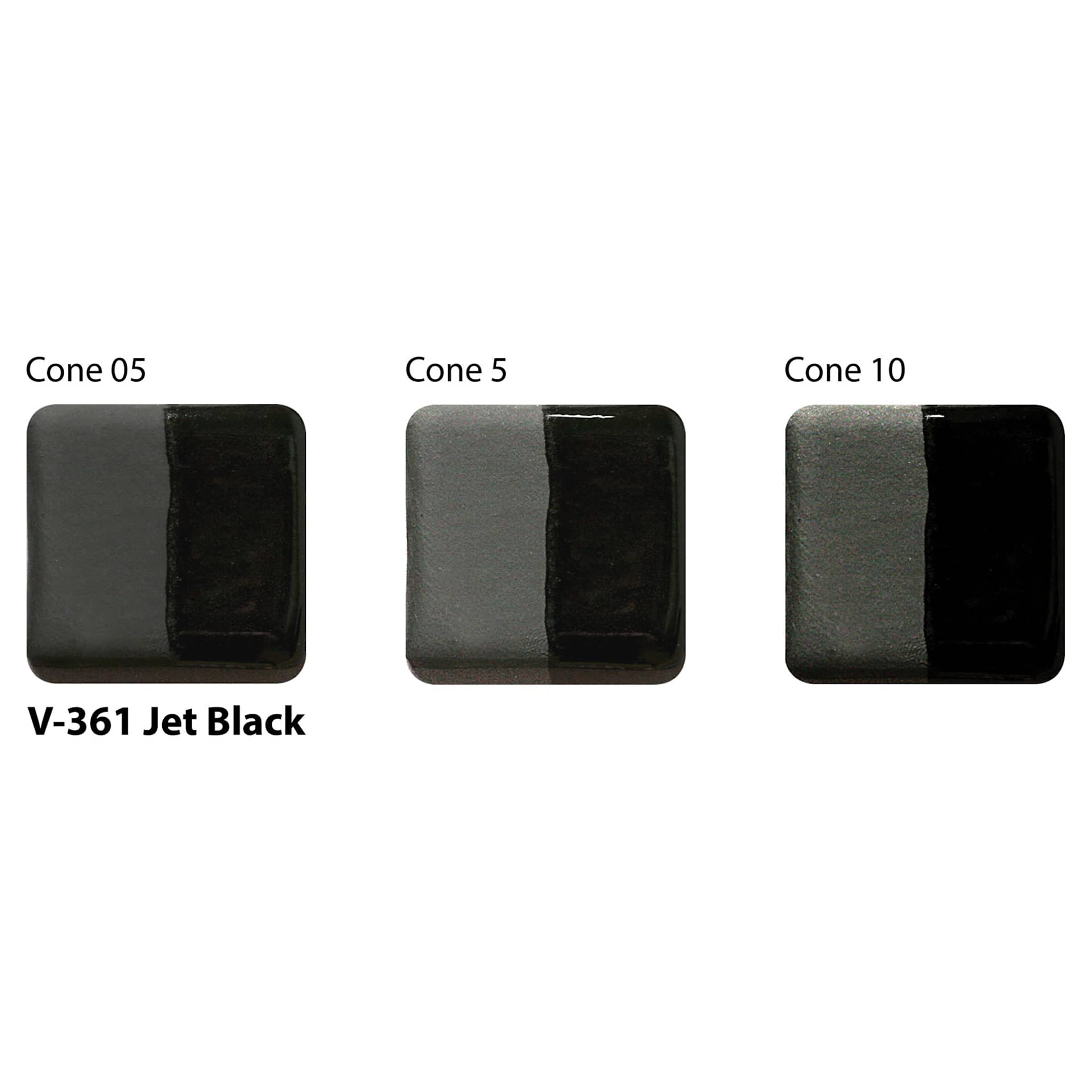 Amaco Lead-Free Velvet Underglaze - Jet Black cone 05, cone 5, and cone 10 comparison