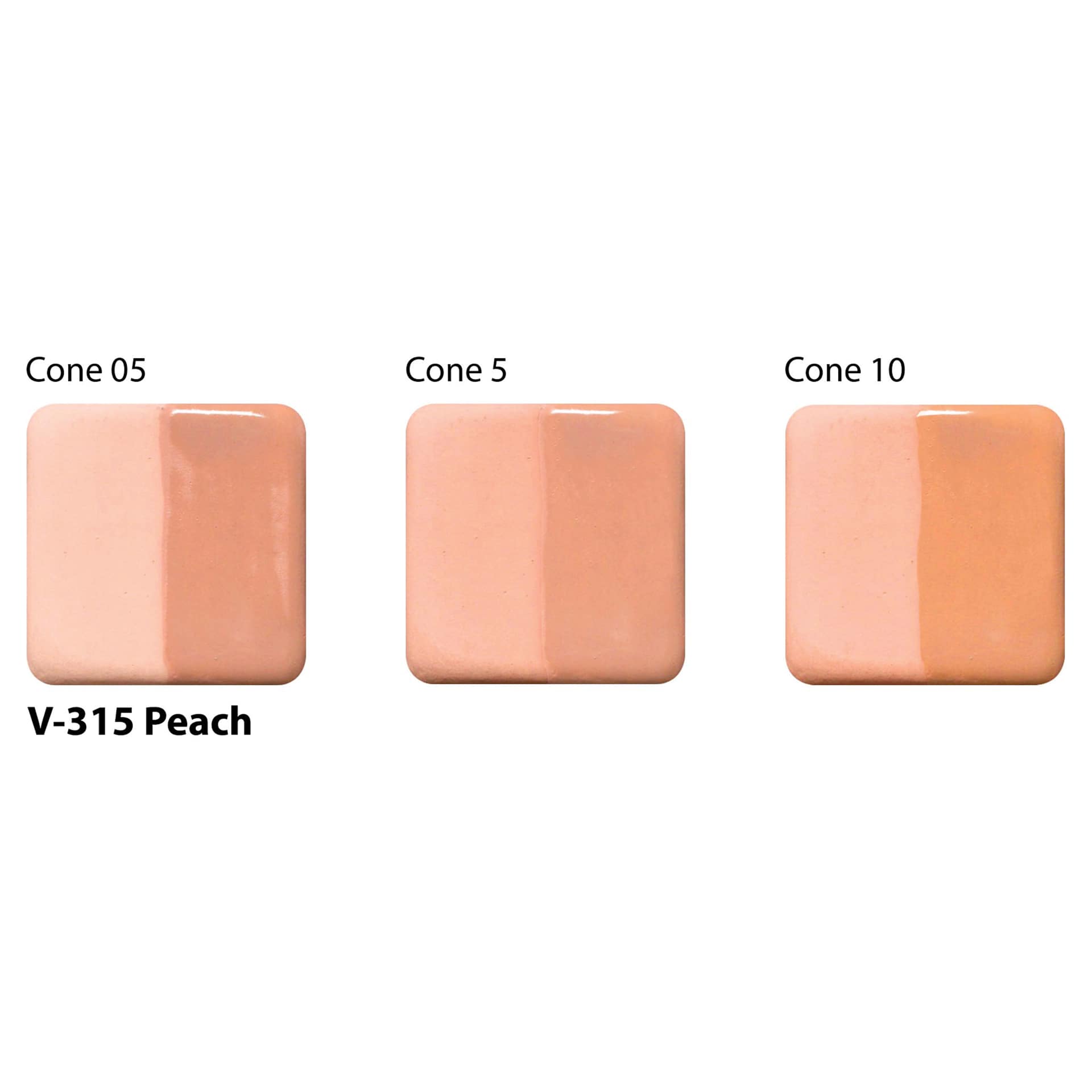 Amaco Lead-Free Velvet Underglaze - Peach cone 05, cone 5, and cone 10 comparison