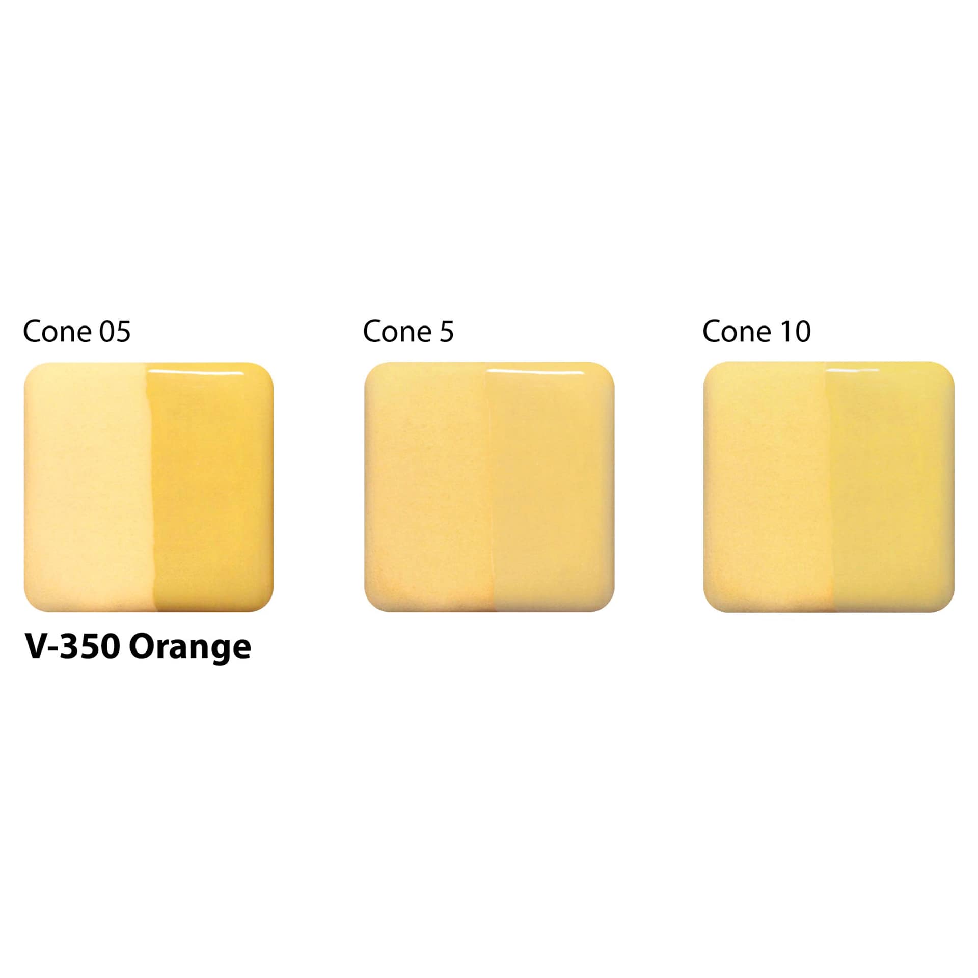 Amaco Lead-Free Velvet Underglaze - Orange cone 05, cone 5, and cone 10 comparison
