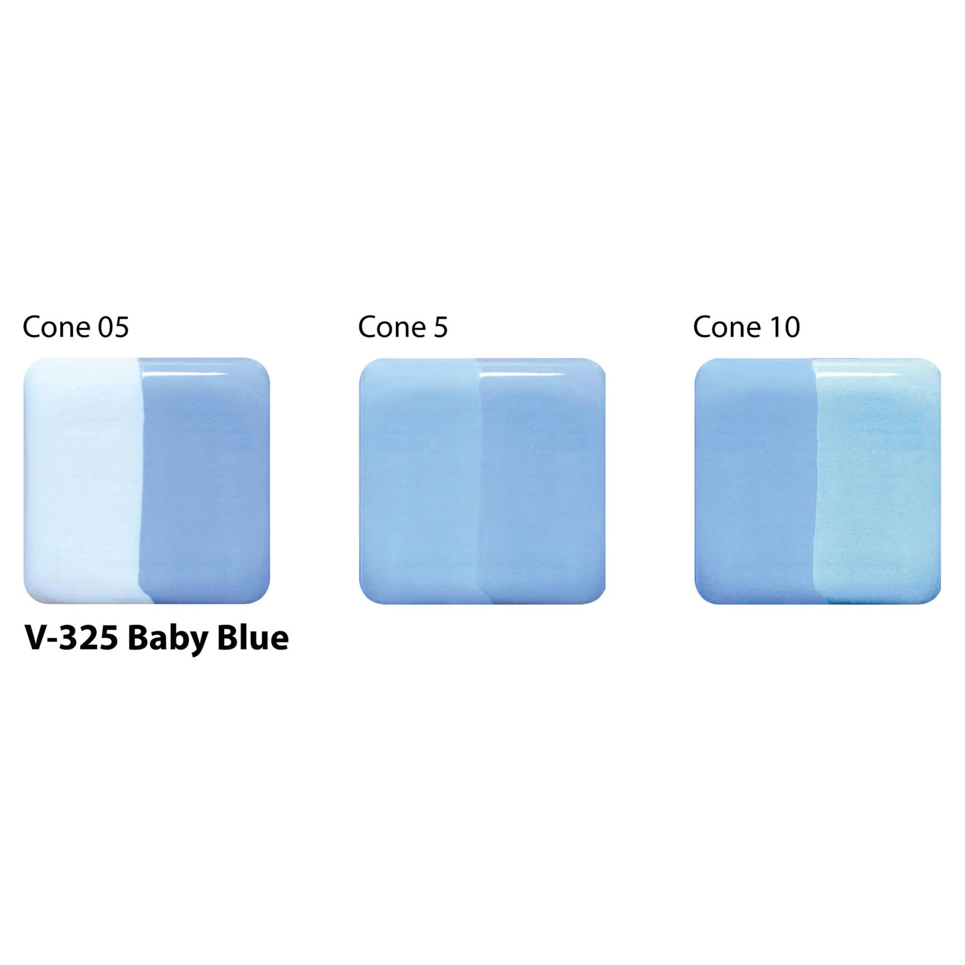 Amaco Lead-Free Velvet Underglaze - Baby Blue cone 05, cone 5, and cone 10 comparison