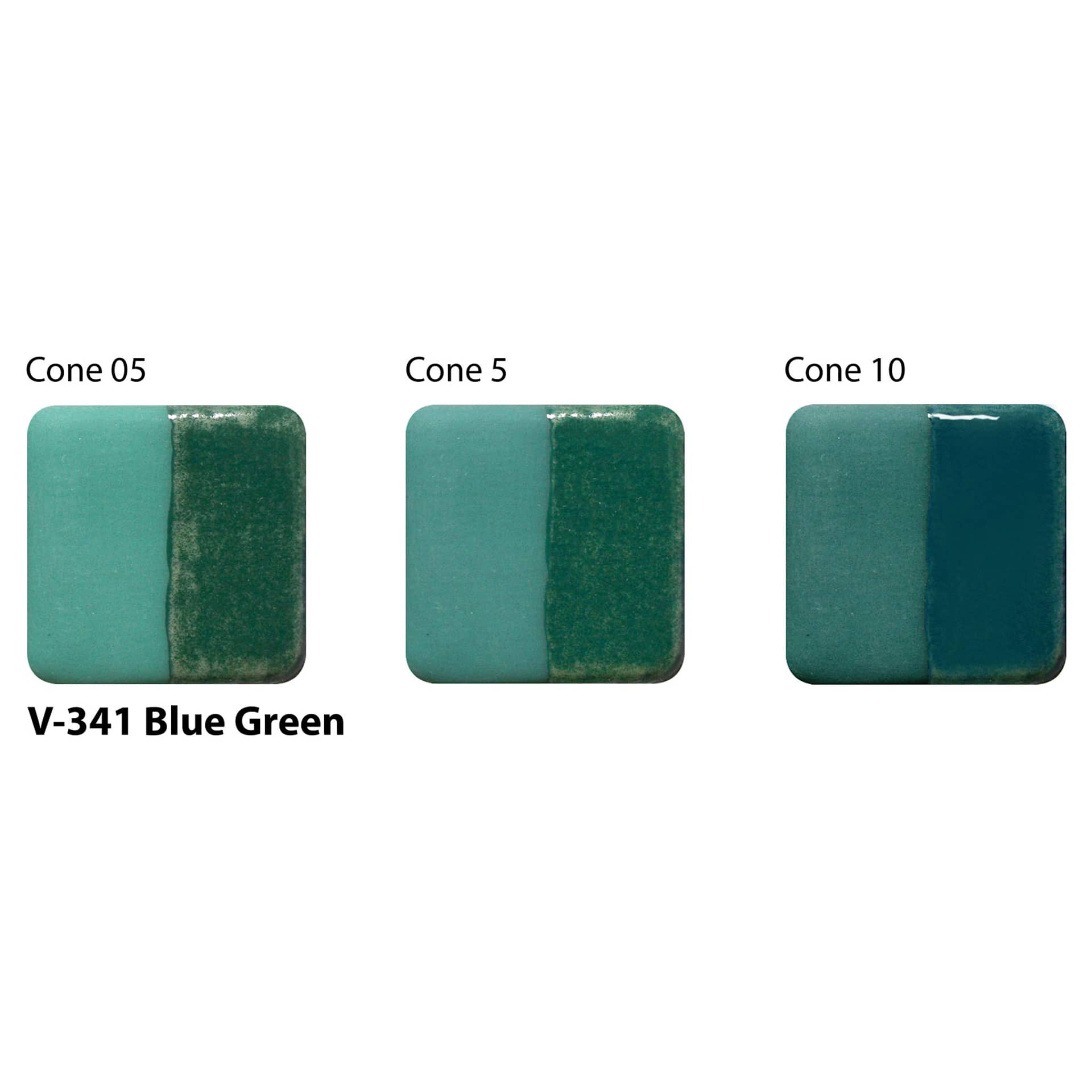 Amaco Lead-Free Velvet Underglaze - Blue Green cone 05, cone 5, and cone 10 comparison
