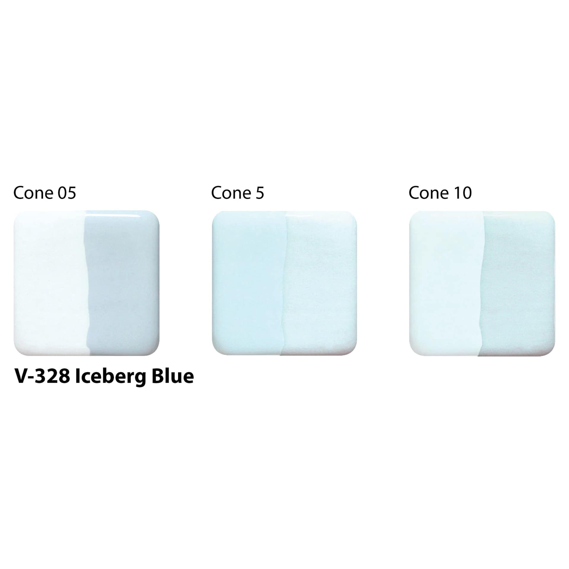 Amaco Lead-Free Velvet Underglaze - Iceberg Blue cone 05, cone 5, and cone 10 comparison