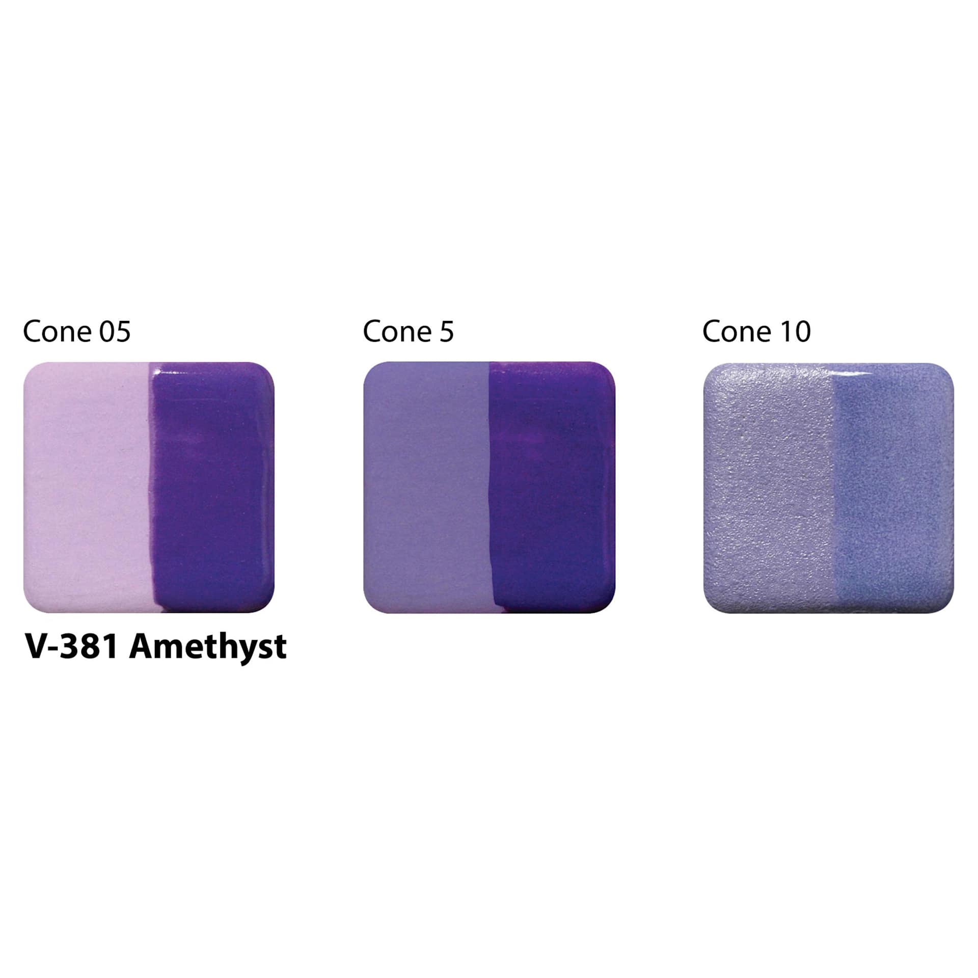 Amaco Lead-Free Velvet Underglaze - Amethyst, 2 oz cone 05, cone 5, and cone 10 comparison