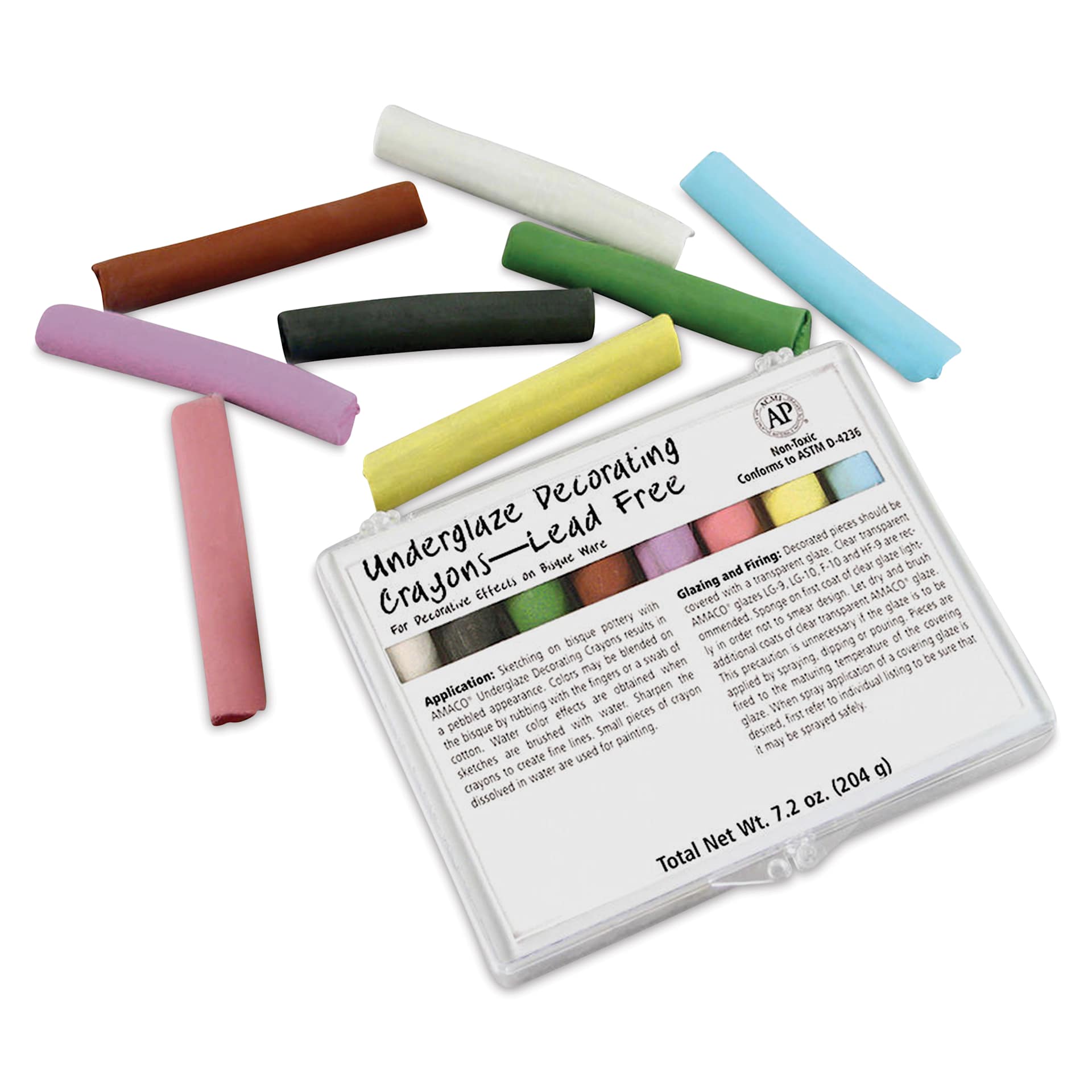 Amaco Underglaze Chalk Crayons, Set No. 1 - Set of 8 packaging and contents
