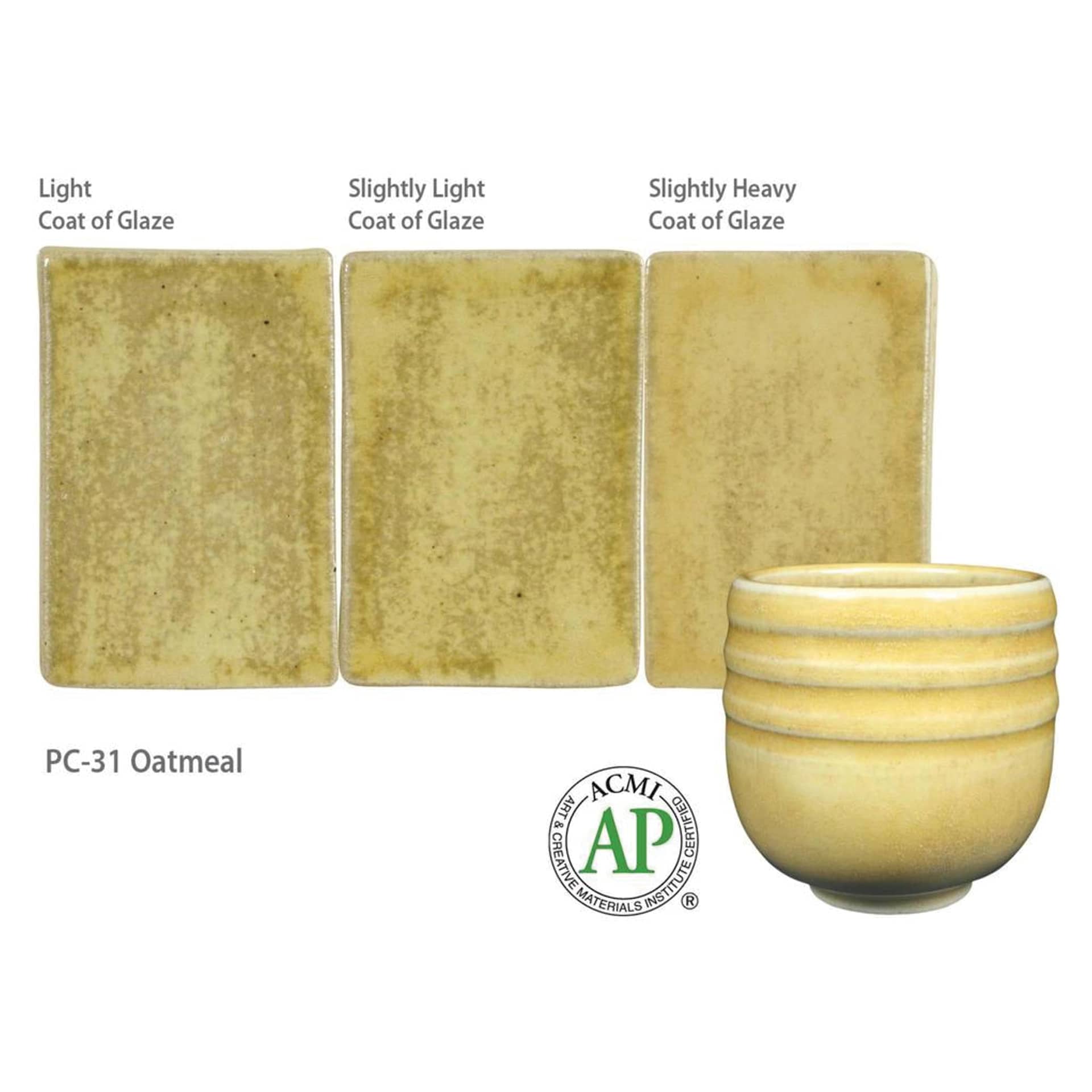 Oatmeal Amaco Potter's Choice Glaze - Light coat of glaze; Slightly light coat of glaze; and Slightly heavy coat of glaze.