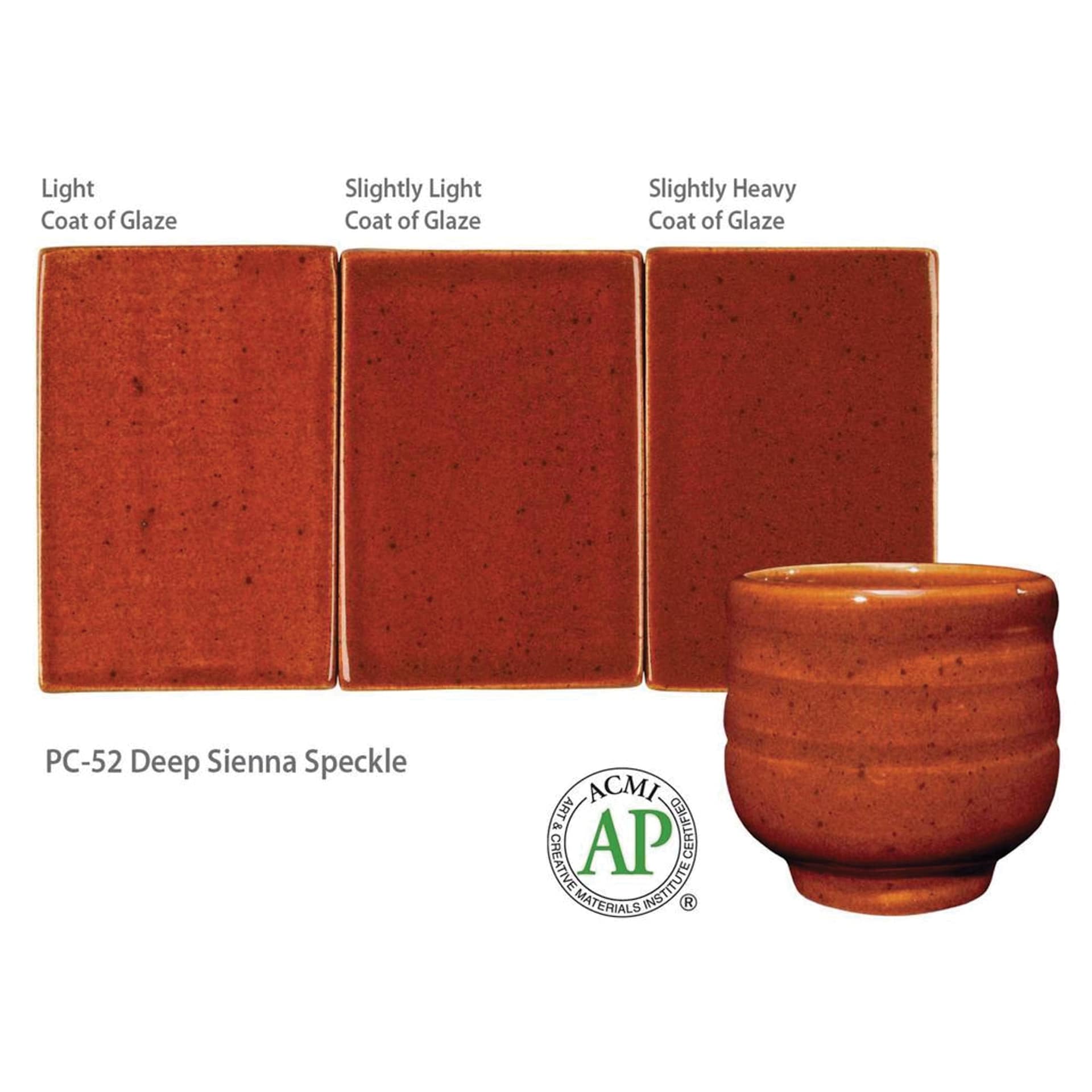 Deep Sienna Speckle Amaco Potter's Choice Glaze - Light coat of glaze; Slightly light coat of glaze; and Slightly heavy coat of glaze. Deep Sienna Speckle Amaco Potter's Choice Glaze - Light coat of glaze; Slightly light coat of glaze; and Slightly heavy coat of glaze.