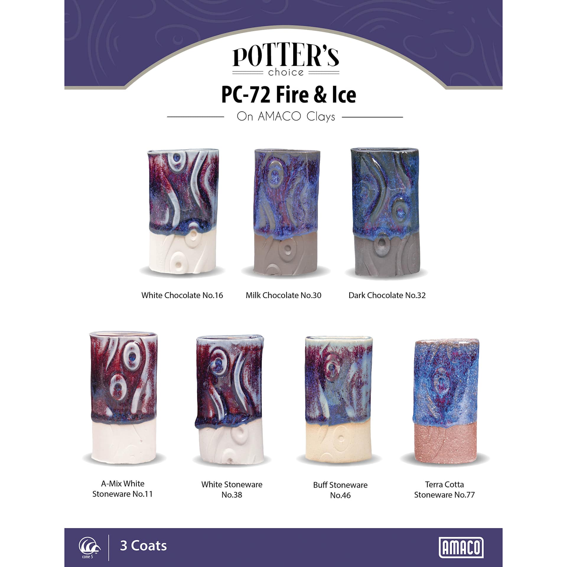 Fire & Ice Amaco Potter's Choice Glaze - 3 coats applied to Applied to White Chocolate, Milk Chocolate, Dark Chocolate, A-Mix White Stoneware, White Stoneware, Buff Stoneware, and Terra Cotta Stoneware clays.