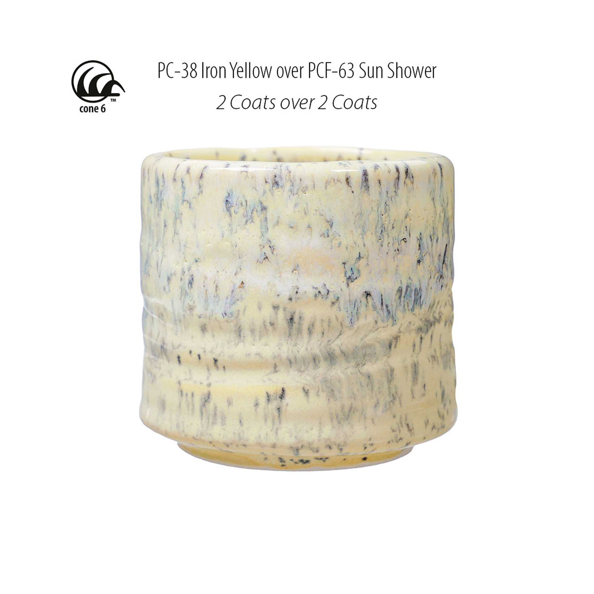 Cone 6. PC-38 Iron Yellow over PCF-63 Sun Shower. 2 Coats over 2 Coats.