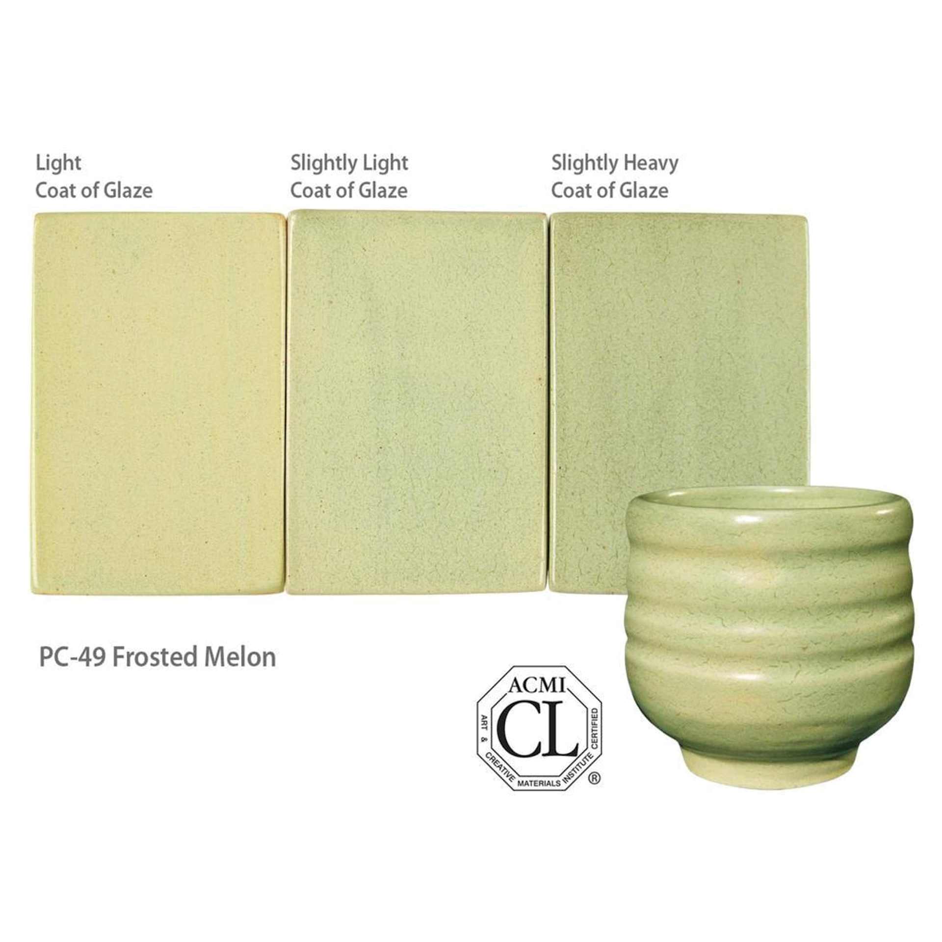Frosted Melon Amaco Potter's Choice Glaze - Light coat of glaze; Slightly light coat of glaze; and Slightly heavy coat of glaze.