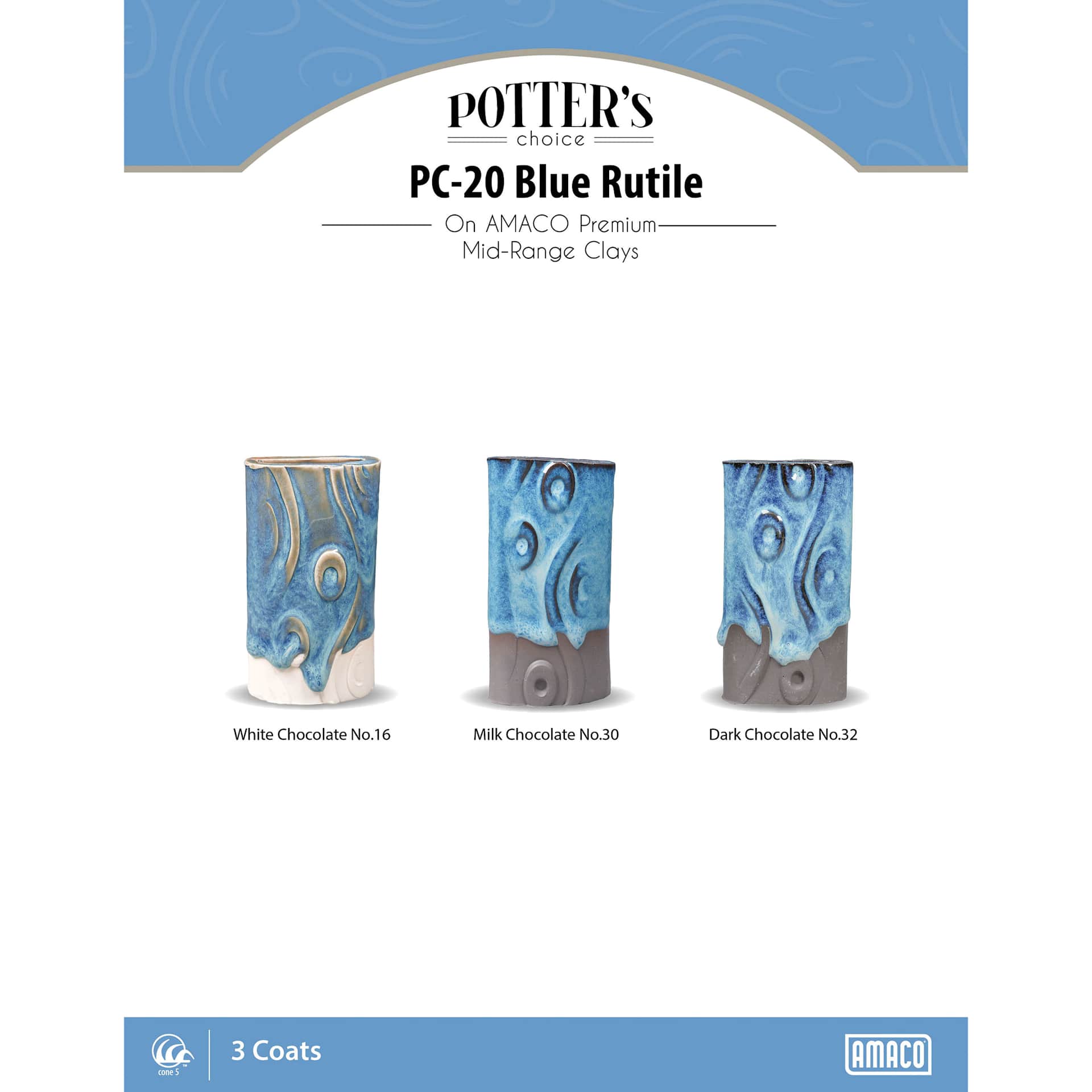 Blue Rutile Amaco Potter's Choice Glaze - 3 coats applied to Applied to White Chocolate No. 16 clay; Milk Chocolate No. 30 clay; and Dark Chocolate No. 32 clay.