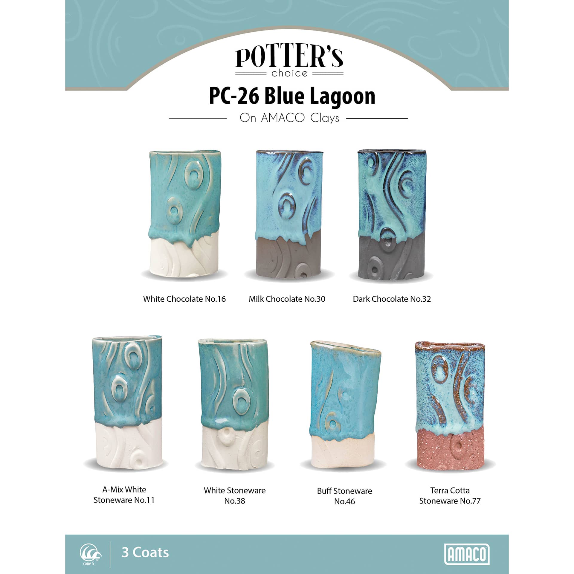 Blue Lagoon Amaco Potter's Choice Glaze - 3 coats applied to Applied to White Chocolate, Milk Chocolate, Dark Chocolate, A-Mix White Stoneware, White Stoneware, Buff Stoneware, and Terra Cotta Stoneware clays.