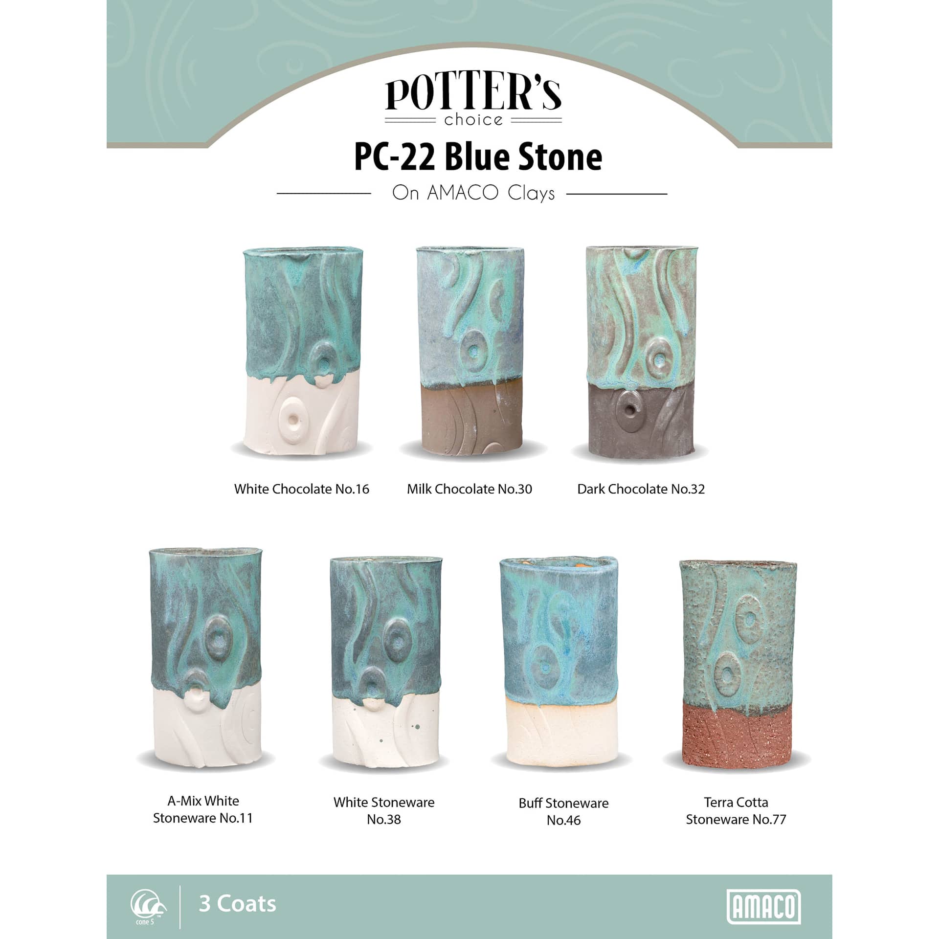 Blue Stone Amaco Potter's Choice Glaze - 3 coats applied to Applied to White Chocolate, Milk Chocolate, Dark Chocolate, A-Mix White Stoneware, White Stoneware, Buff Stoneware, and Terra Cotta Stoneware clays.